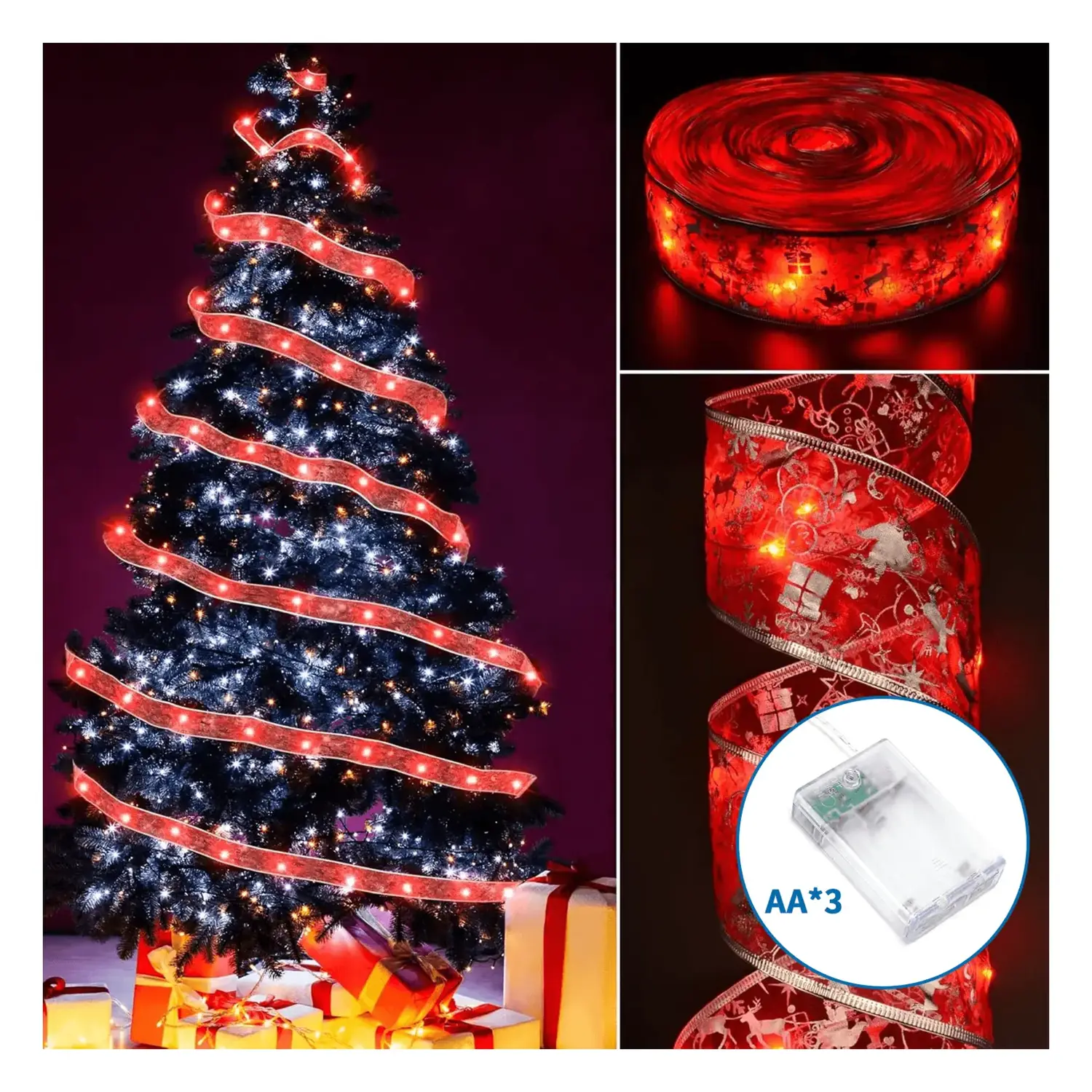 immagine Catena luminosa a batteria 3AA per albero di Natale, nastro rosso 5cm, bianco caldo 2m IP44, Interno&Esterno
