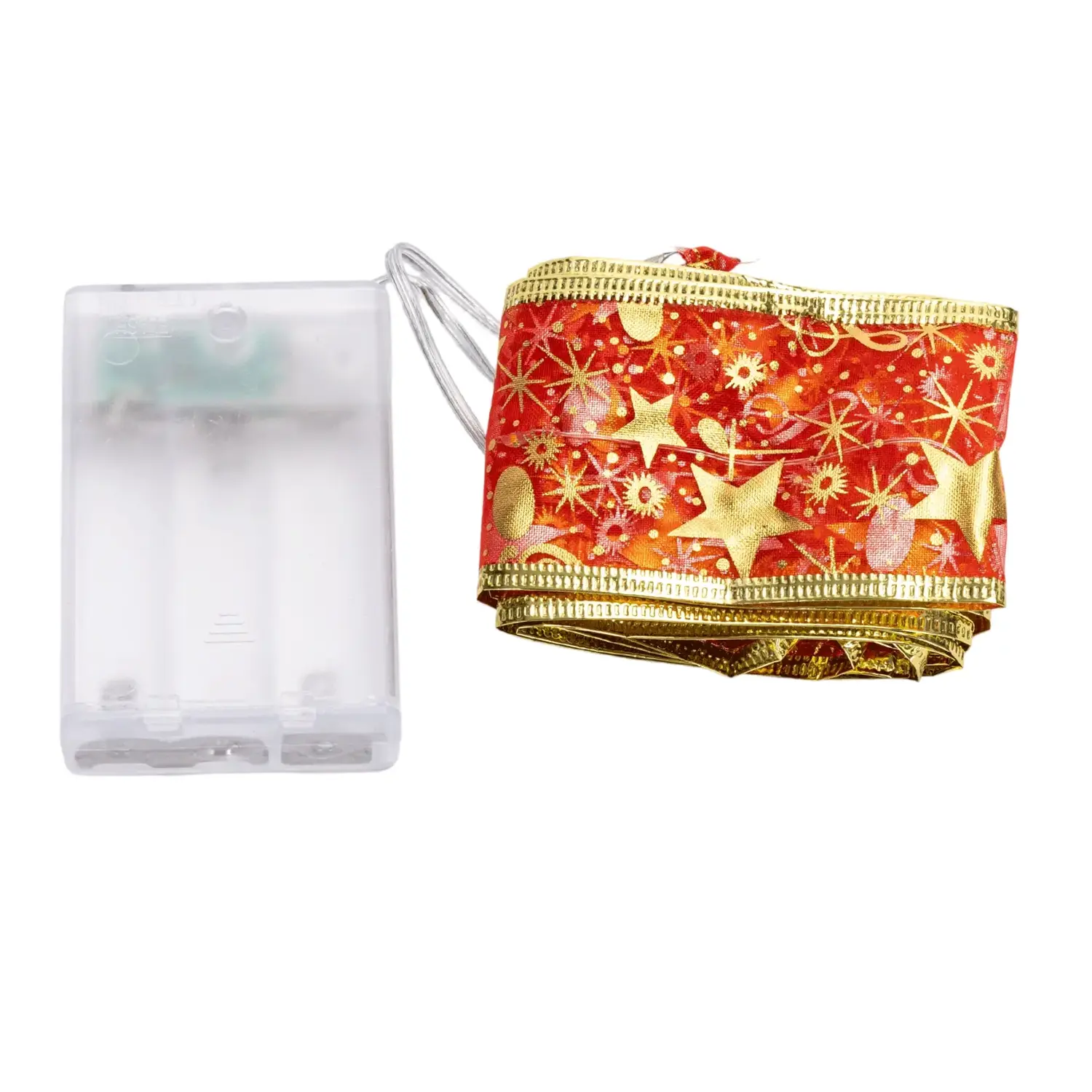 immagine Catena luminosa a batteria 3AA per albero di Natale, nastro rosso 5cm, bianco caldo 2m IP44, Interno&Esterno