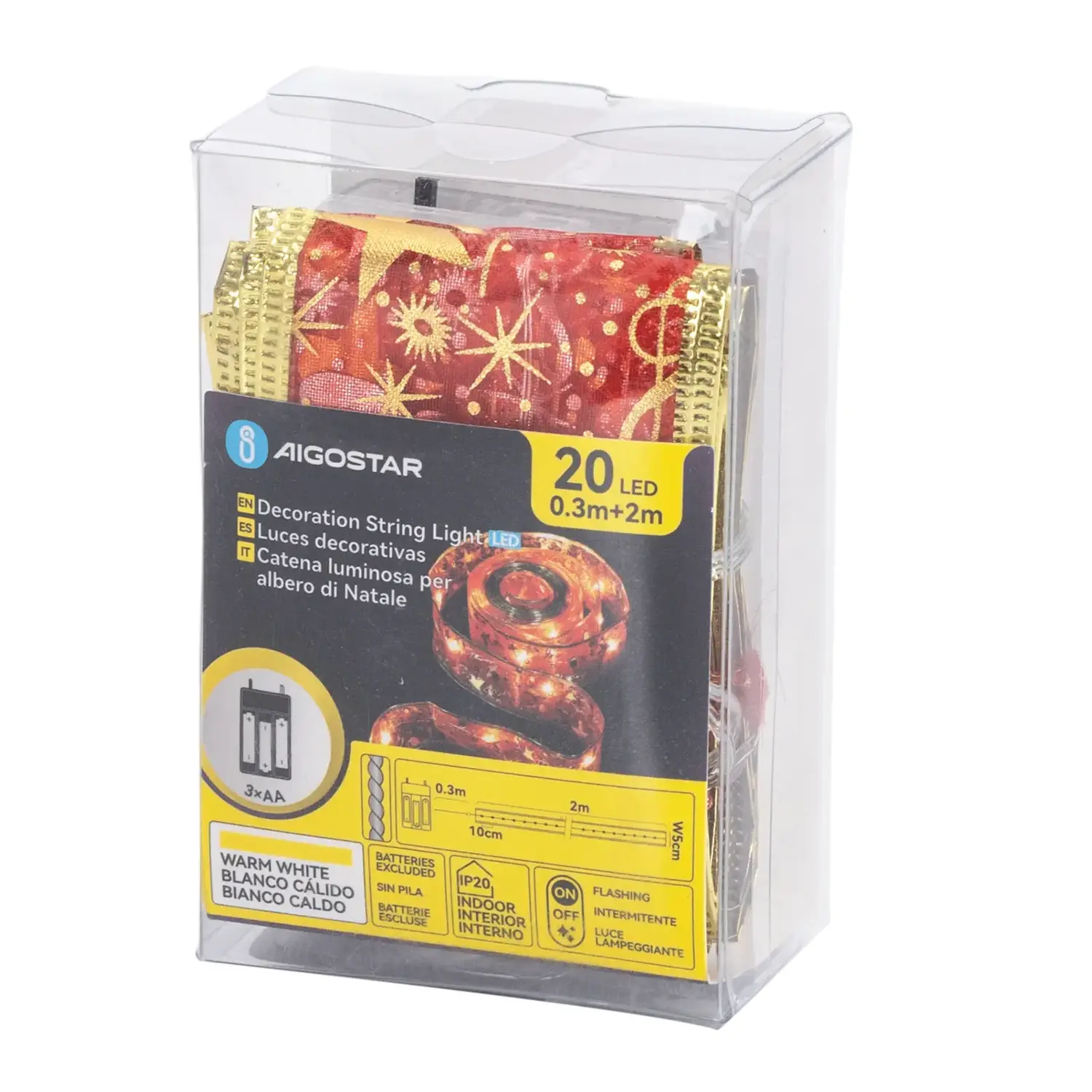 immagine Catena luminosa a batteria 3AA per albero di Natale, nastro rosso 5cm, bianco caldo 2m IP44, Interno&Esterno