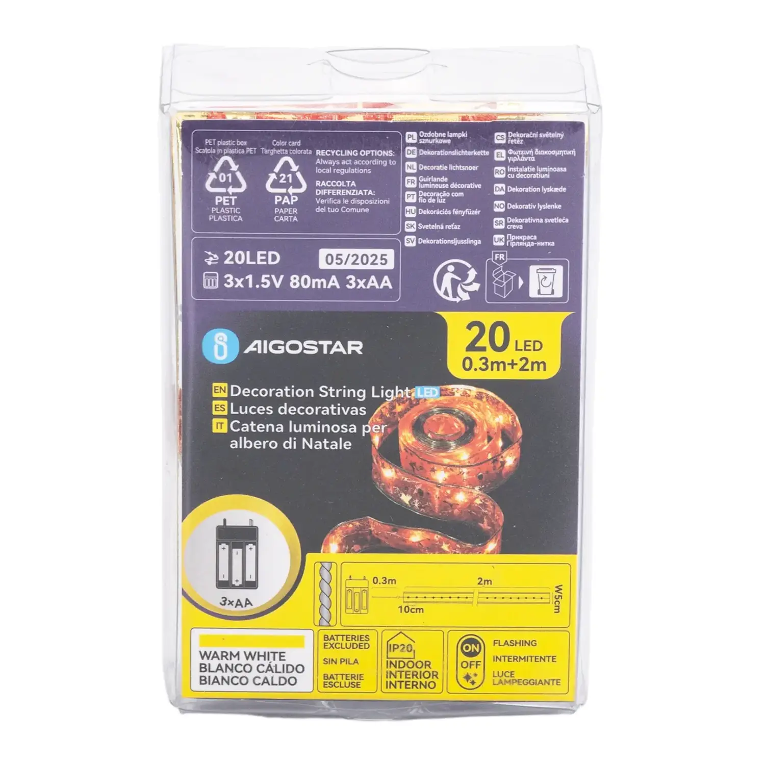 immagine Catena luminosa a batteria 3AA per albero di Natale, nastro rosso 5cm, bianco caldo 2m IP44, Interno&Esterno