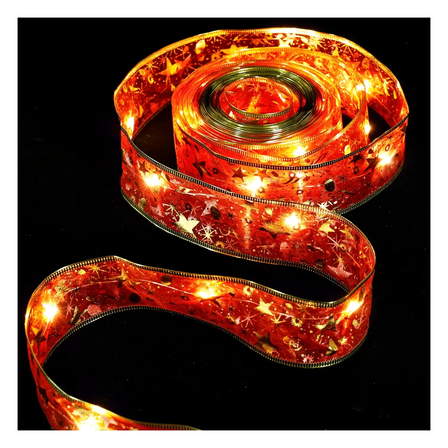 immagine del prodotto Catena luminosa a batteria 3AA per albero di Natale, nastro rosso 5cm, bianco caldo 5m IP44, Interno&Esterno