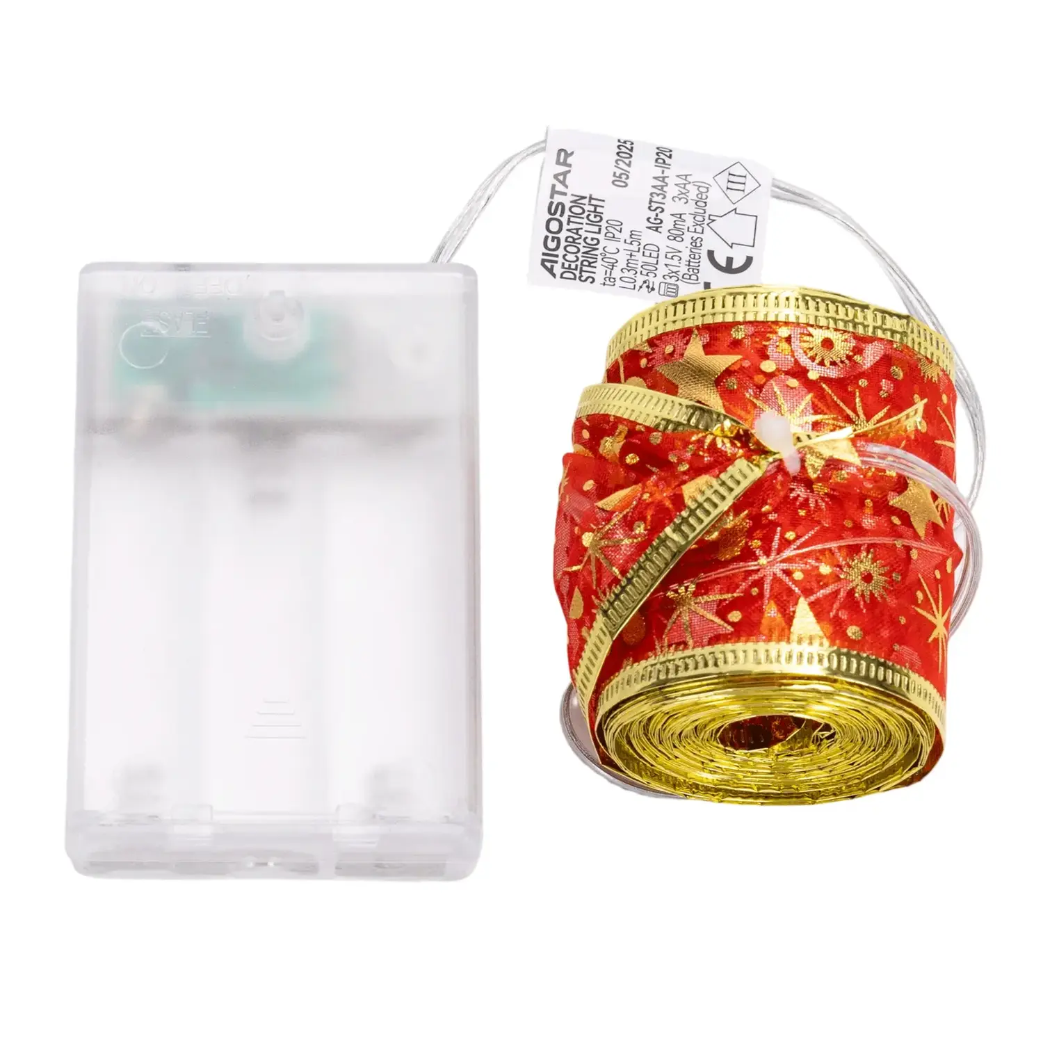 immagine Catena luminosa a batteria 3AA per albero di Natale, nastro rosso 5cm, bianco caldo 5m IP44, Interno&Esterno