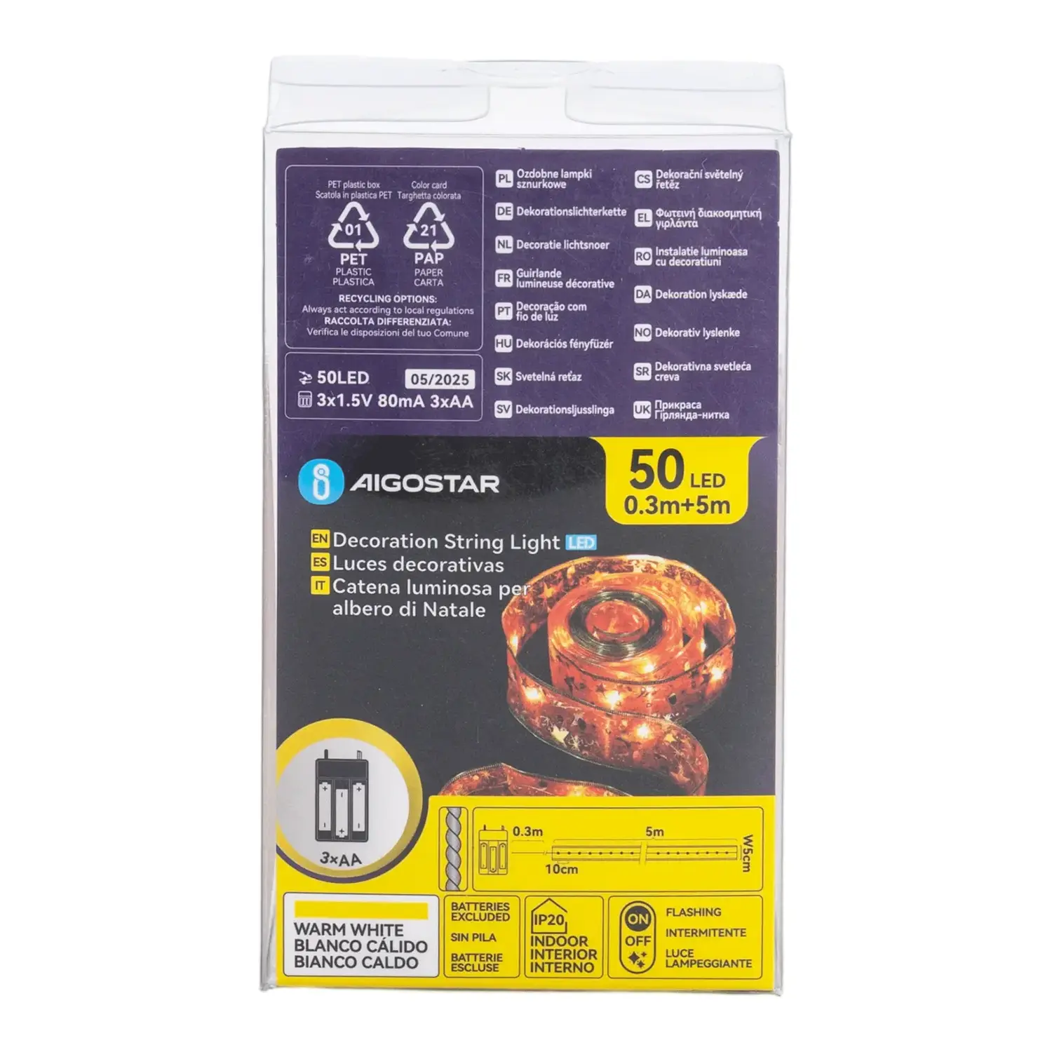 immagine Catena luminosa a batteria 3AA per albero di Natale, nastro rosso 5cm, bianco caldo 5m IP44, Interno&Esterno