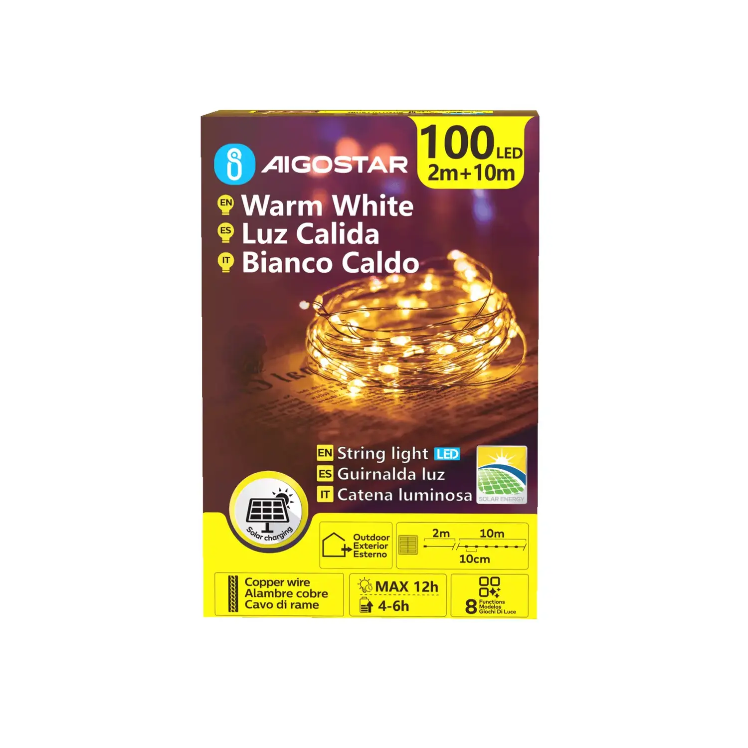 immagine catena luminosa solare natalizia led natale 10mt 100 led bianco caldo