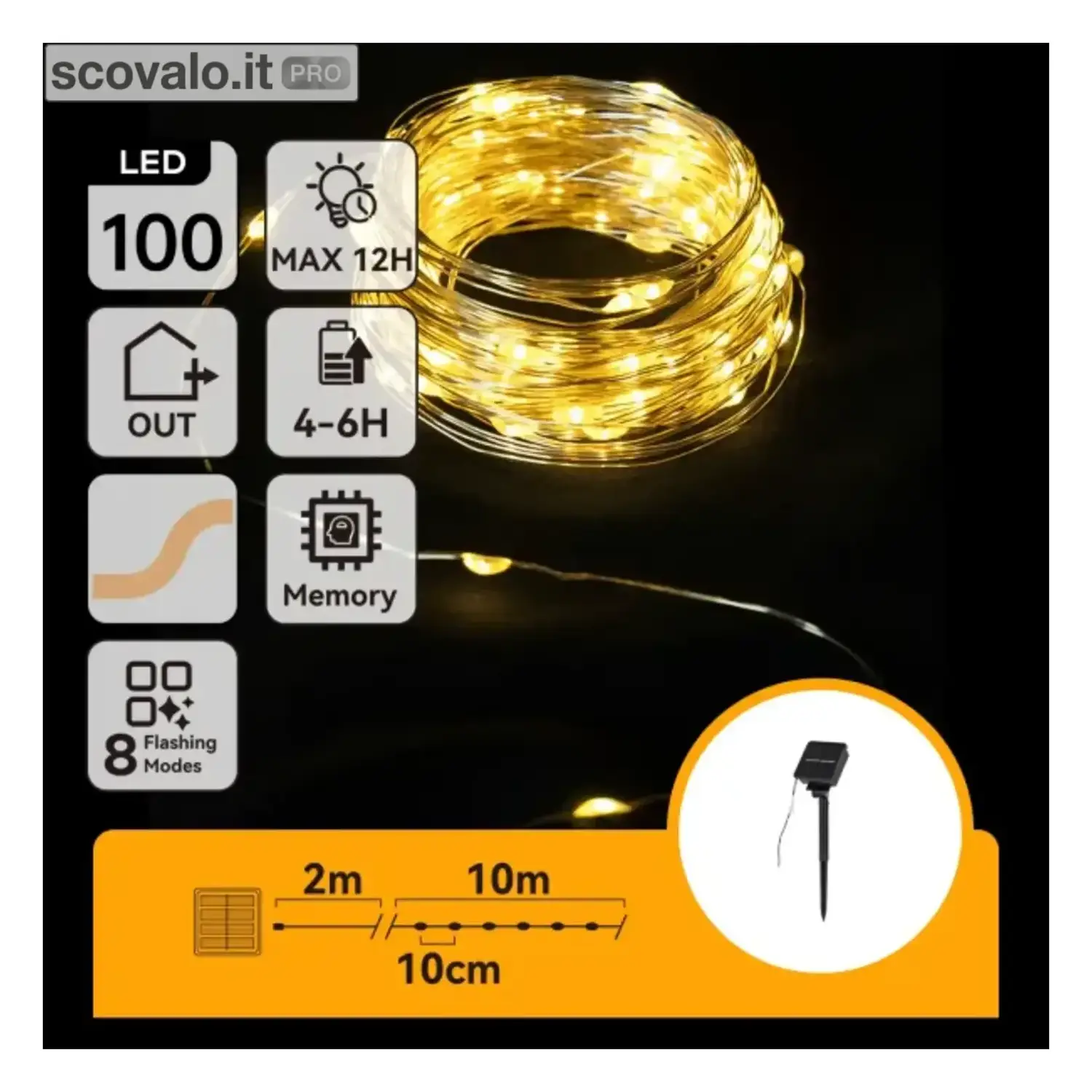 immagine del prodotto Catena Luminosa Solare 100 LED 10mt Bianco Caldo IP65 2700K 8 Modalità