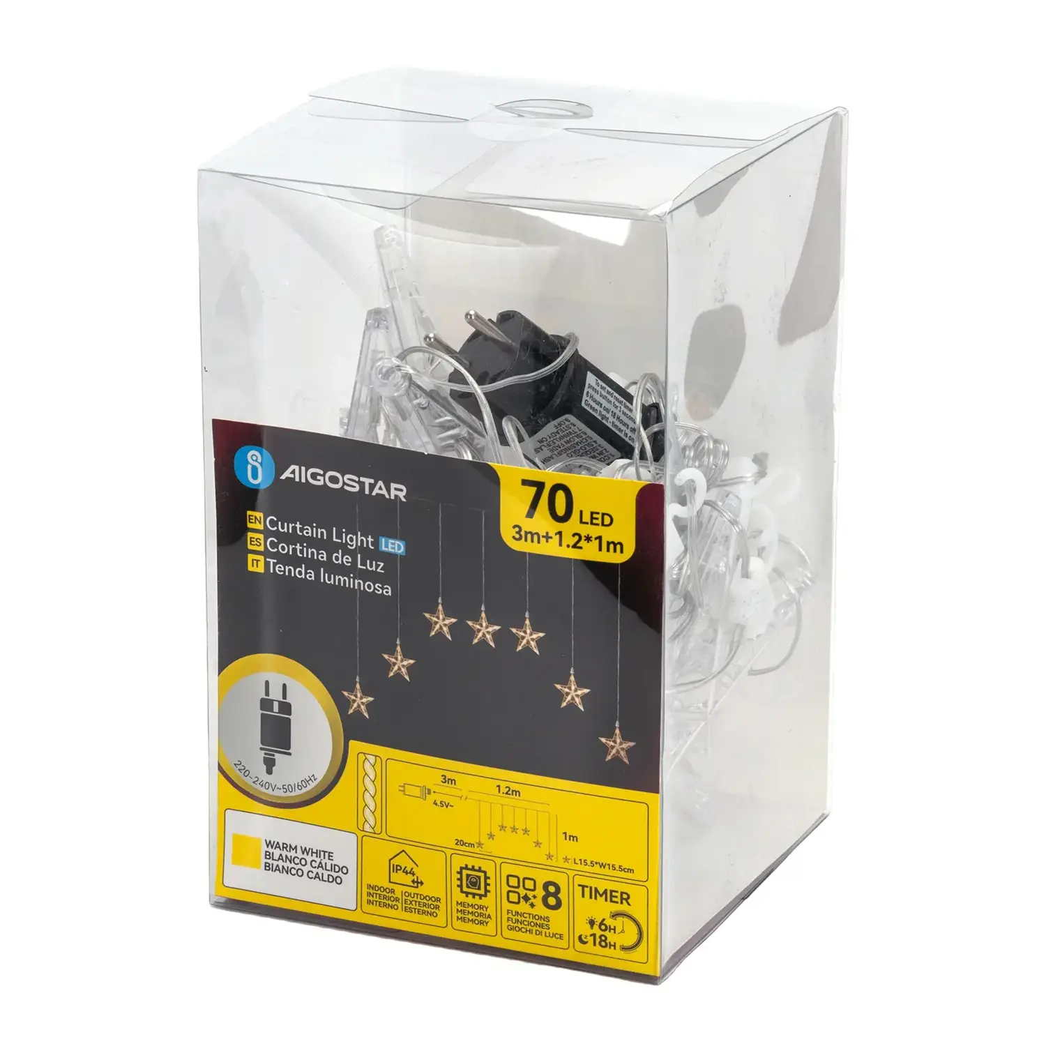 immagine Catene luminose a basso voltaggio,Tenda trapezoidale con parte superiore piatta e pendente a stella luminosa,bianco caldo, 1.2*1m, 7 strisce IP44, Interno&Esterno