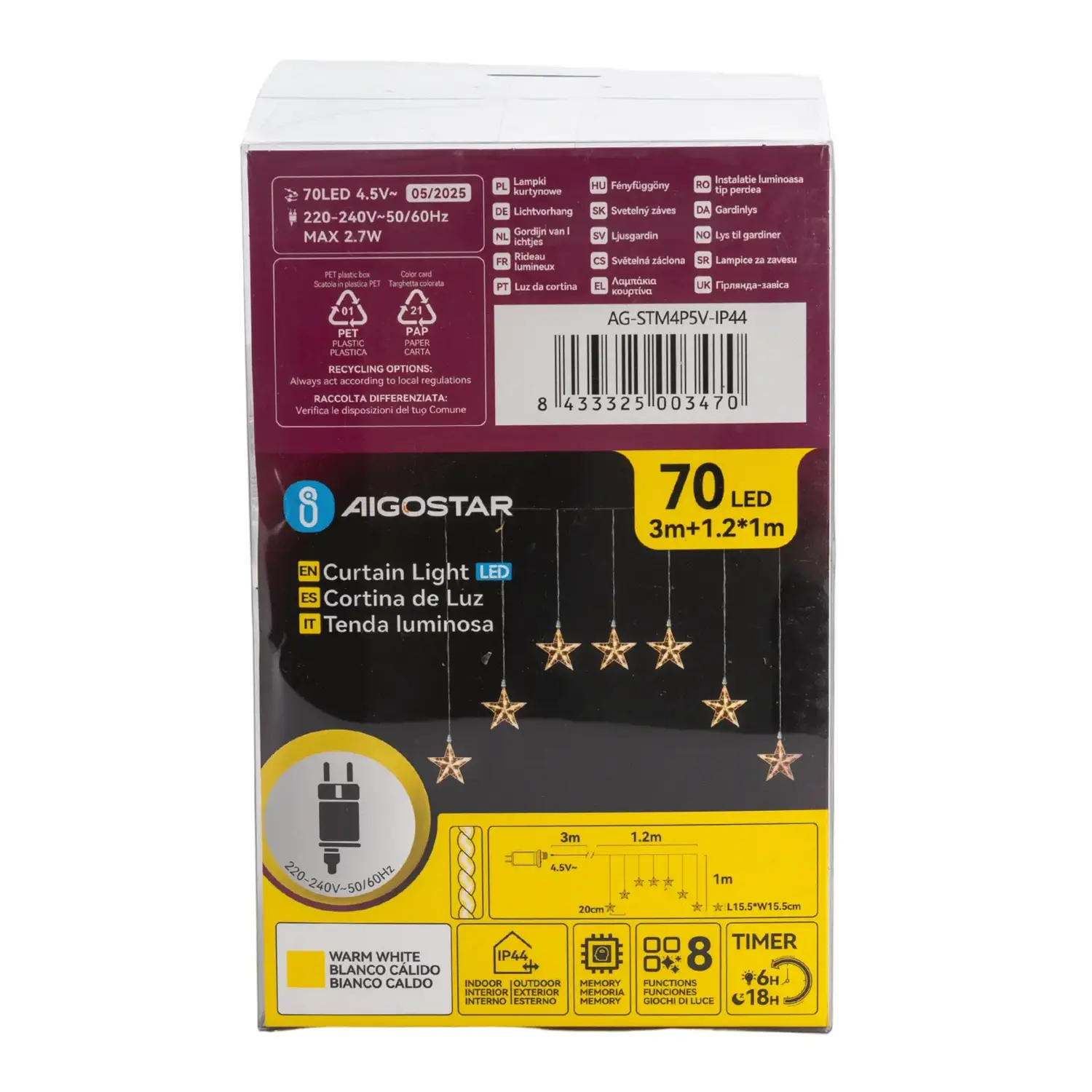 immagine Catene luminose a basso voltaggio,Tenda trapezoidale con parte superiore piatta e pendente a stella luminosa,bianco caldo, 1.2*1m, 7 strisce IP44, Interno&Esterno