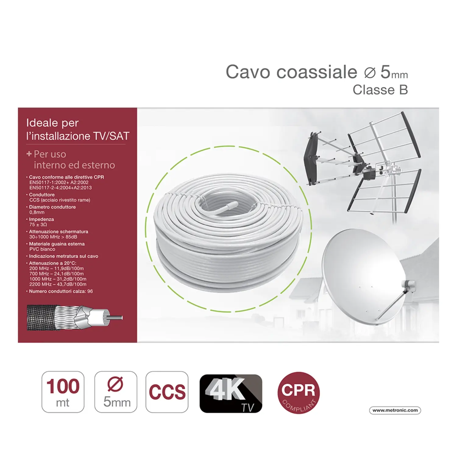 immagine del prodotto cavo antenna tv coassiale 5mm classe b matassa 100mt satellite