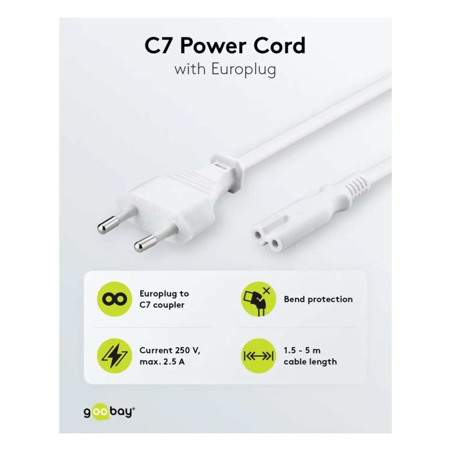 immagine Cavo Alimentazione C7 2 Pin 5m Europlug Bianco 250V 2.5A H03VV-H2-F2 Kema