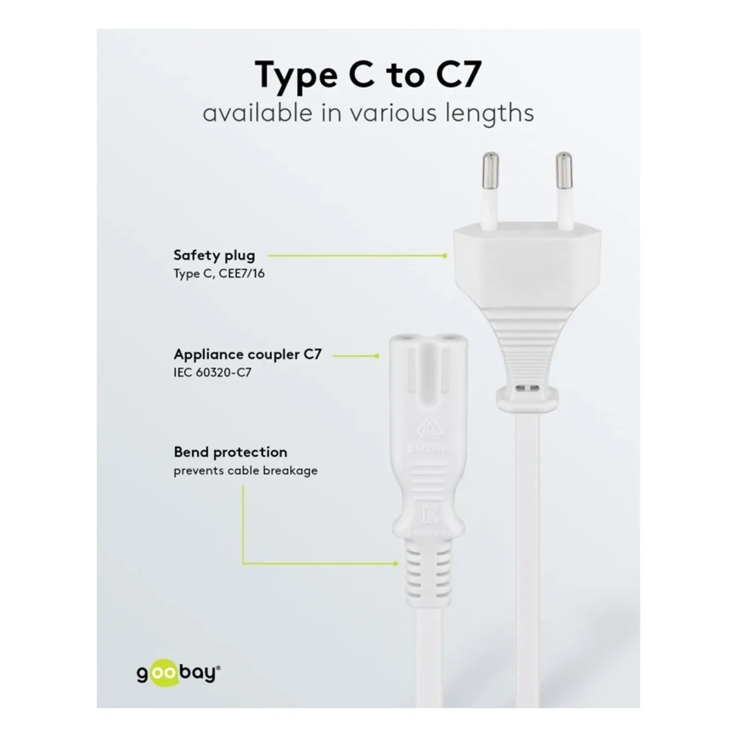 immagine Cavo Alimentazione C7 2 Pin 5m Europlug Bianco 250V 2.5A H03VV-H2-F2 Kema