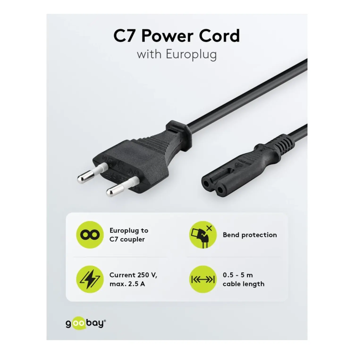 immagine Cavo Alimentazione C7 0.5m Euro Plug CEE 7/16 Nero 2 Pin 250V 2.5A Kema
