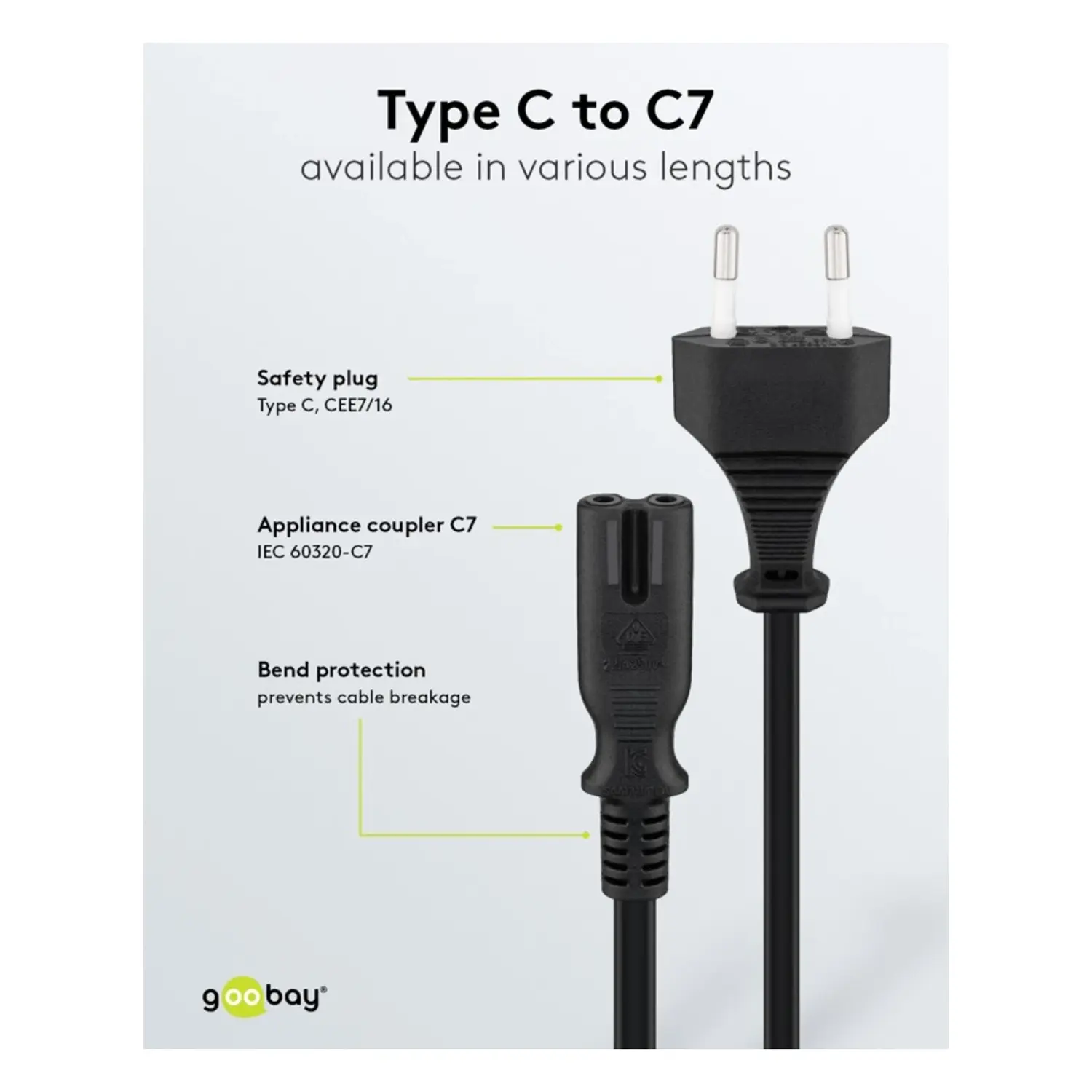 immagine Cavo Alimentazione C7 0.5m Euro Plug CEE 7/16 Nero 2 Pin 250V 2.5A Kema