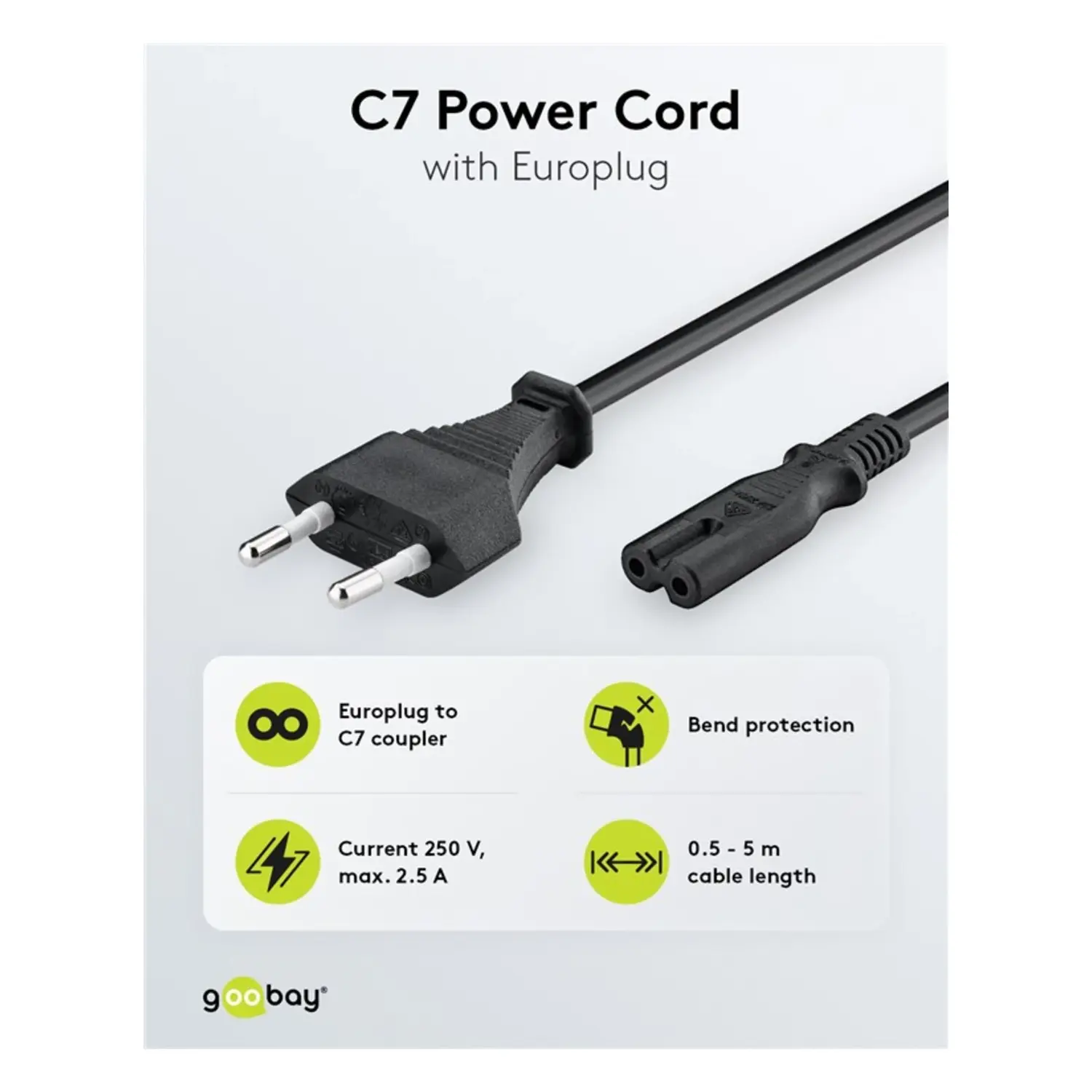 immagine cavo di alimentazione euro plug 2 solchi kema C7 videoregistratore nero 1,5 mt