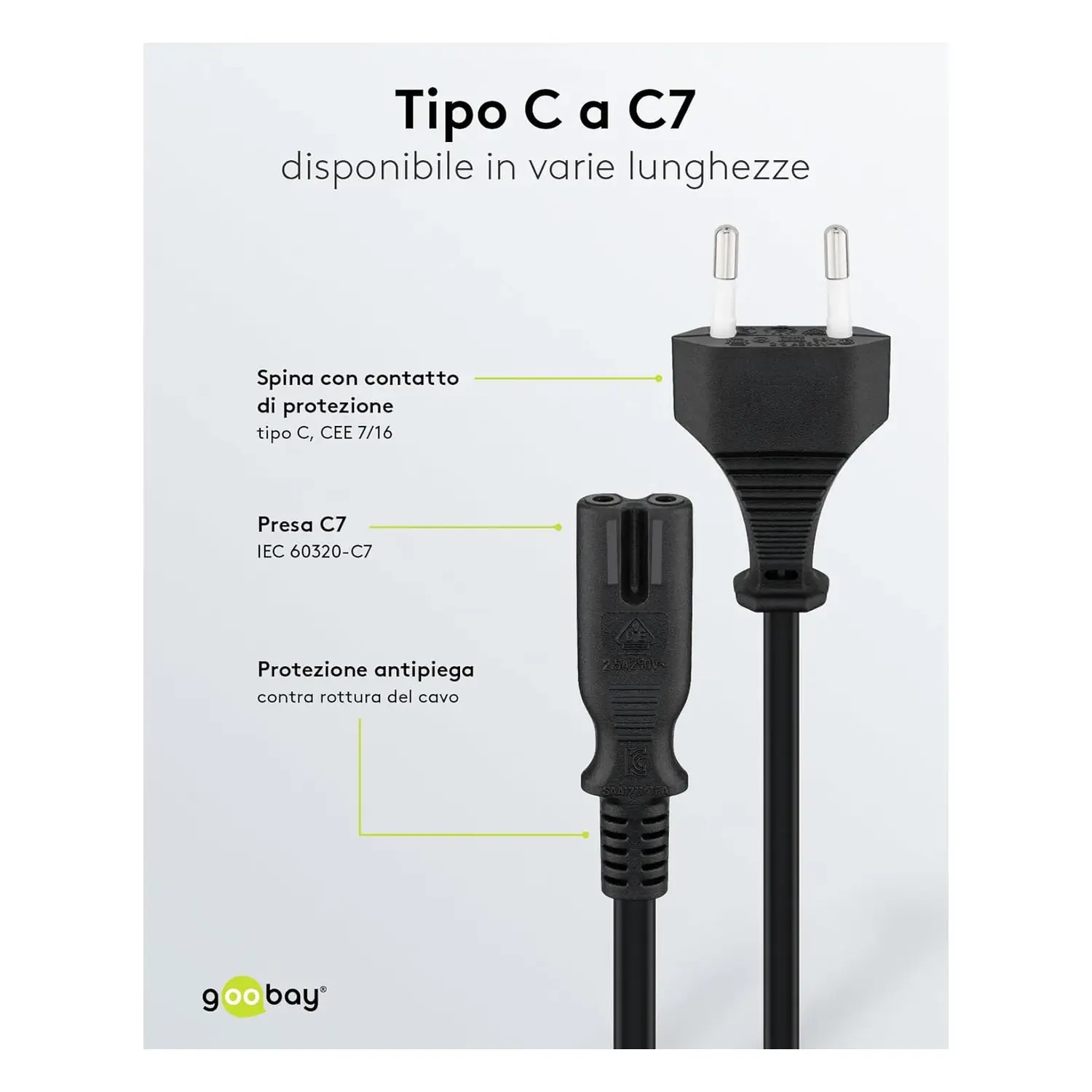 immagine cavo di alimentazione euro plug 2 solchi kema C7 videoregistratore nero 1,5 mt