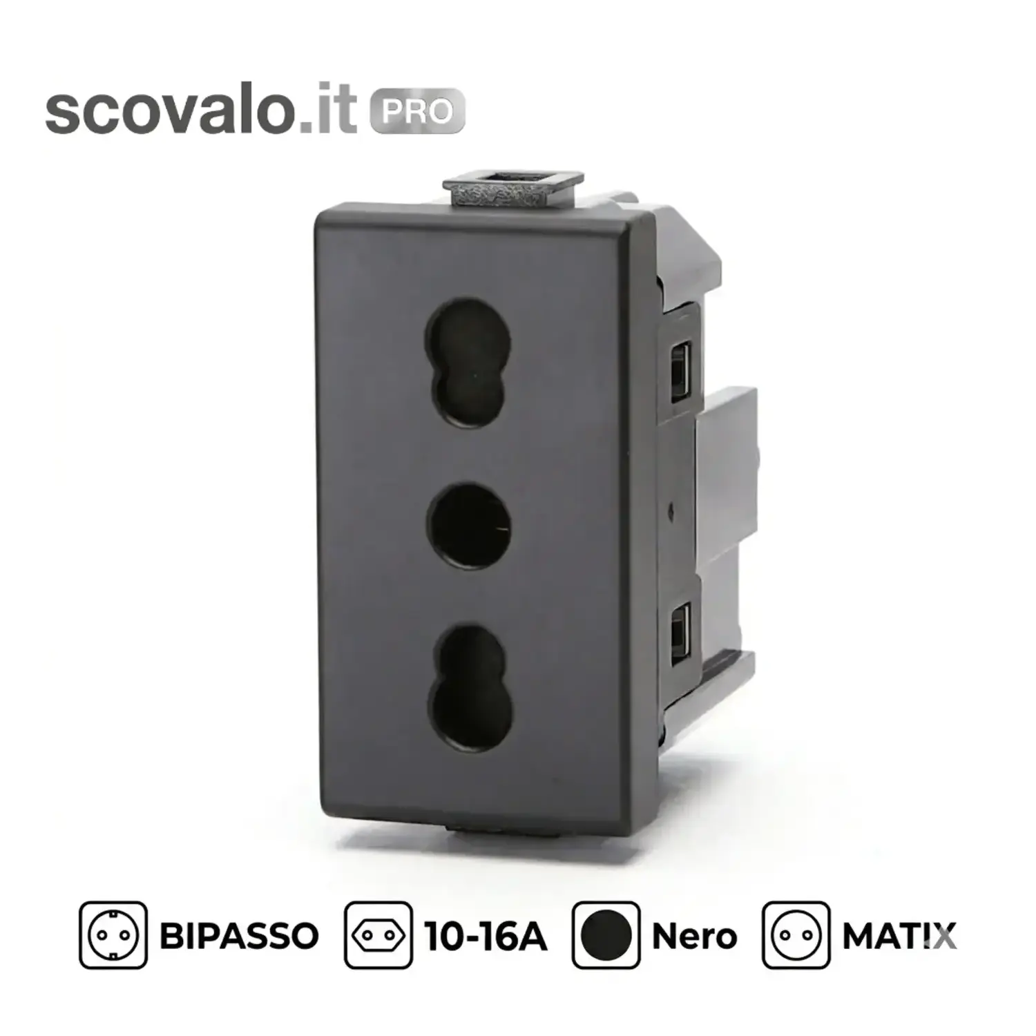 immagine del prodotto Presa Bipasso 10-16A Nero compatibile Bticino Matix Aigostar - Standard Italiano