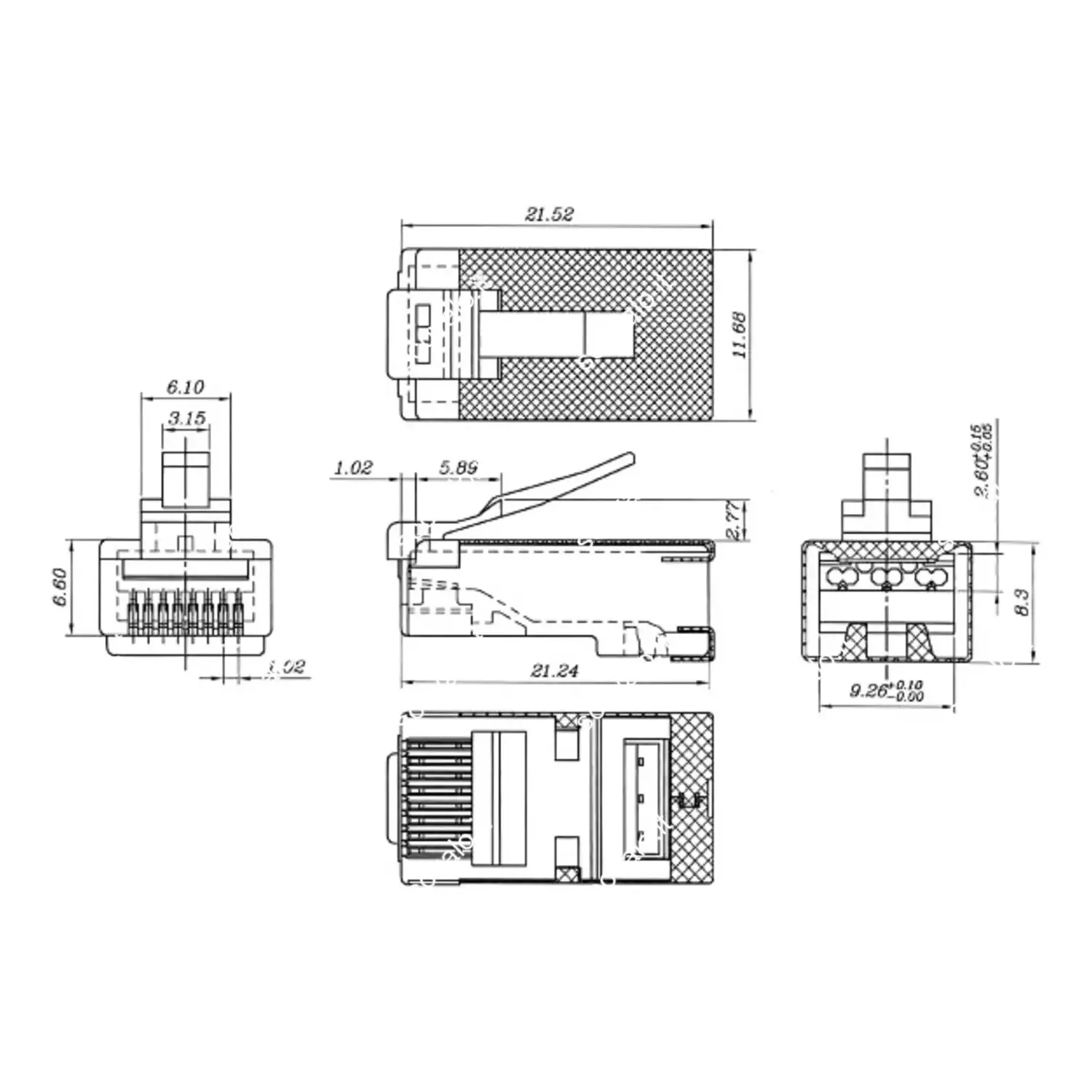 immagine connettore plug cavo rete cat 6 schermato con slitta