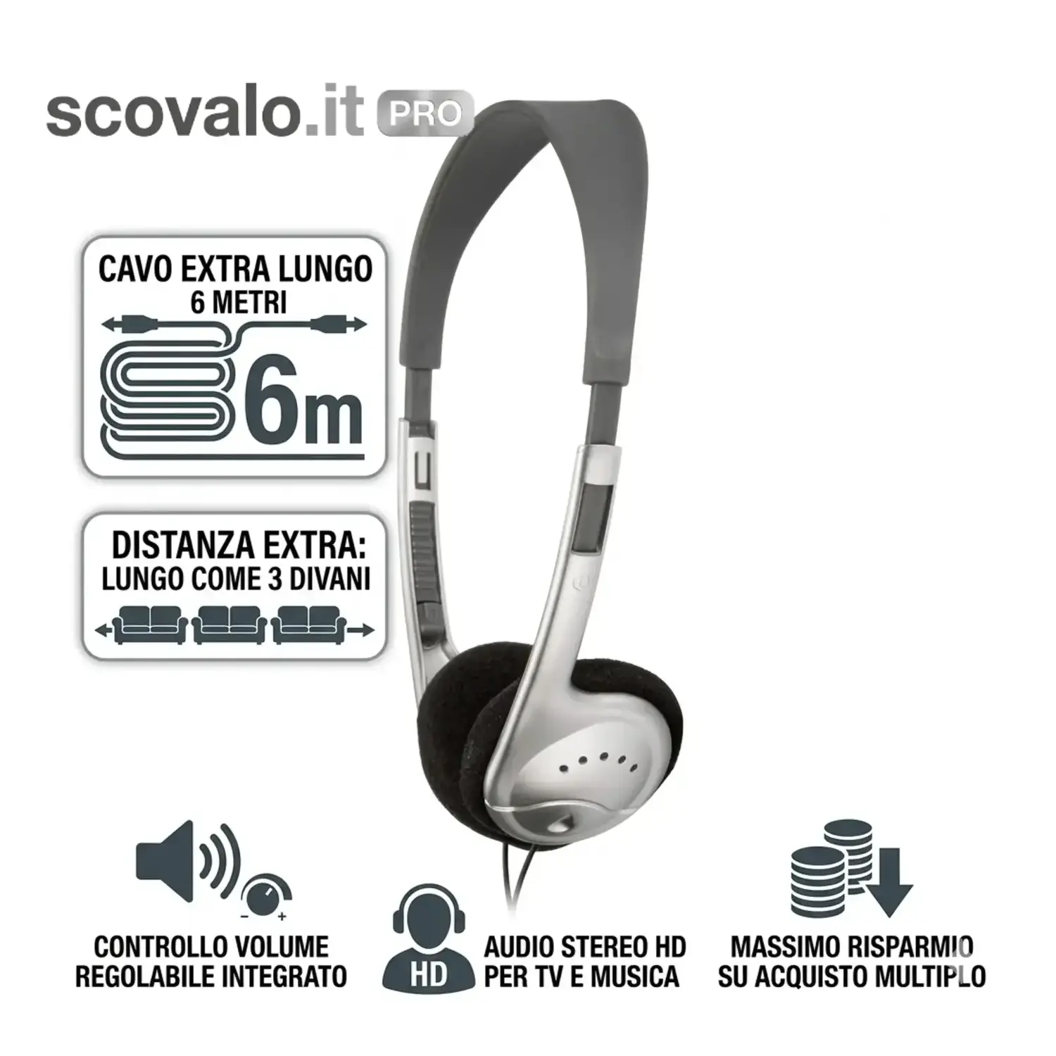 immagine del prodotto Cuffie TV Stereo Cavo 6 Metri Extra Lungo Controllo Volume Regolabile Amplificat