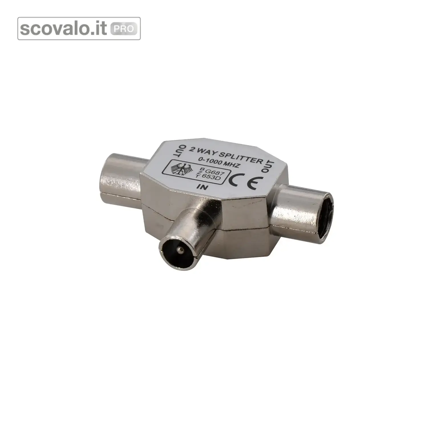 immagine del prodotto Splitter Antenna TV 9.5mm Maschio a T Doppio Derivatore Coassiale Metallo