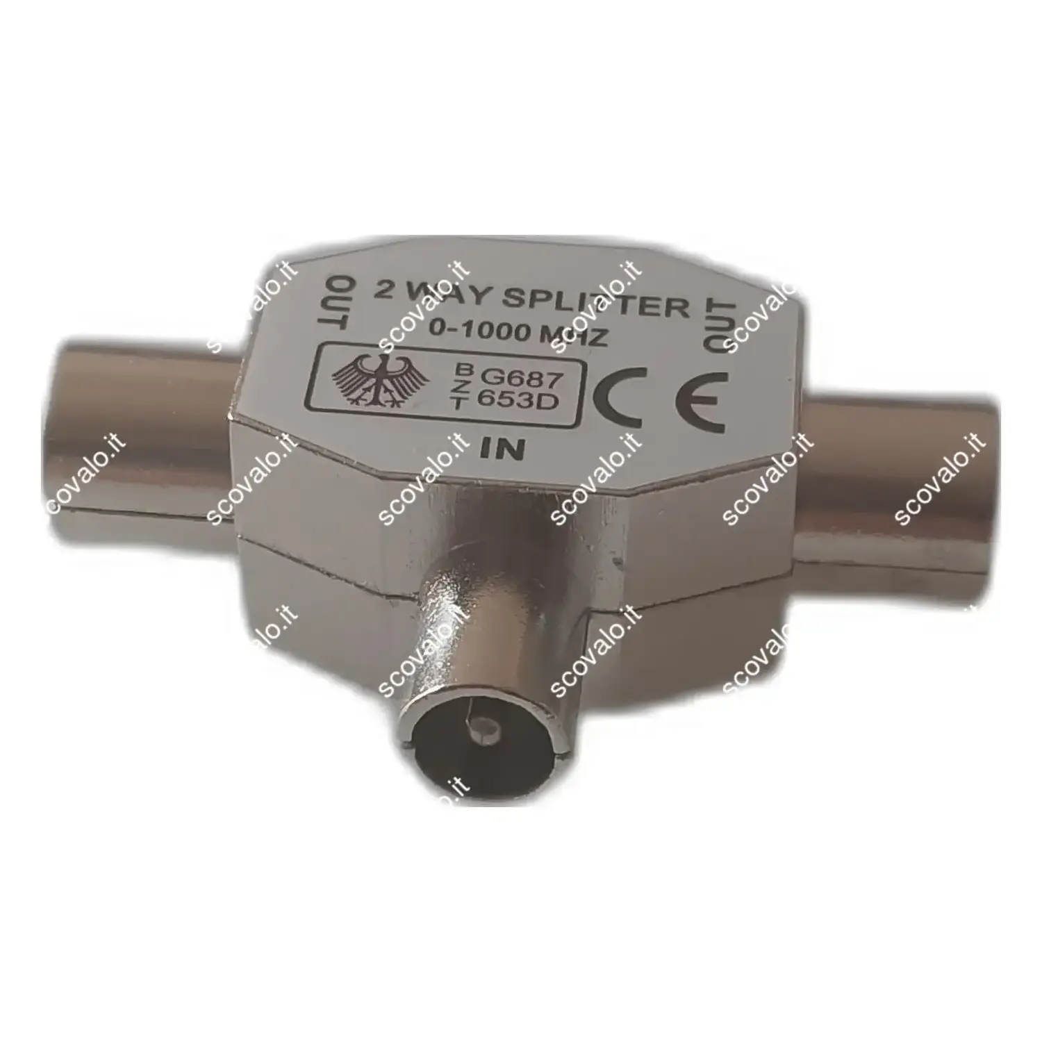 immagine Splitter Antenna TV 9.5mm Maschio a T Doppio Derivatore Coassiale Metallo