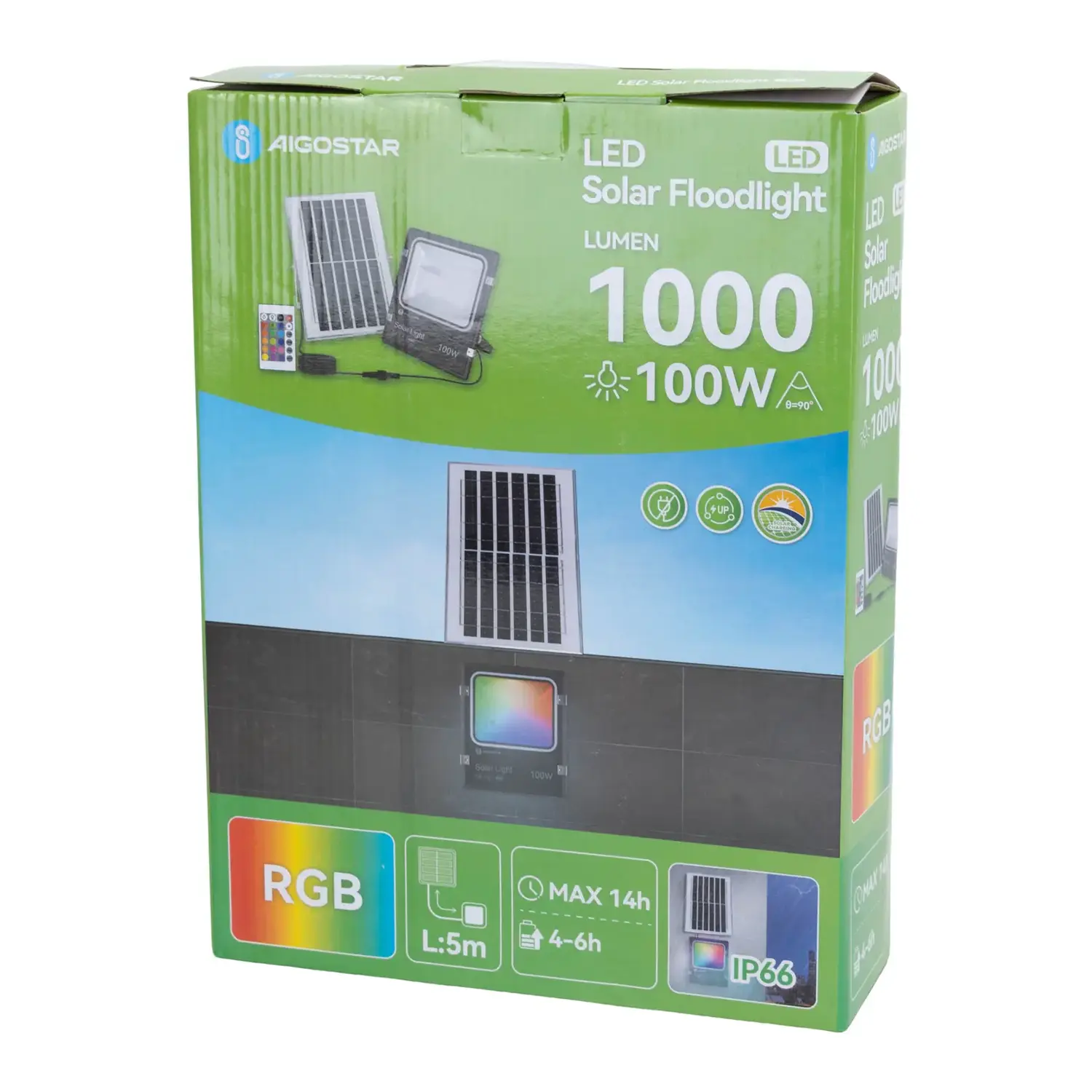 immagine faretto luce solare 5m 100W RGB serie 08 faro fotovoltaico con batteria