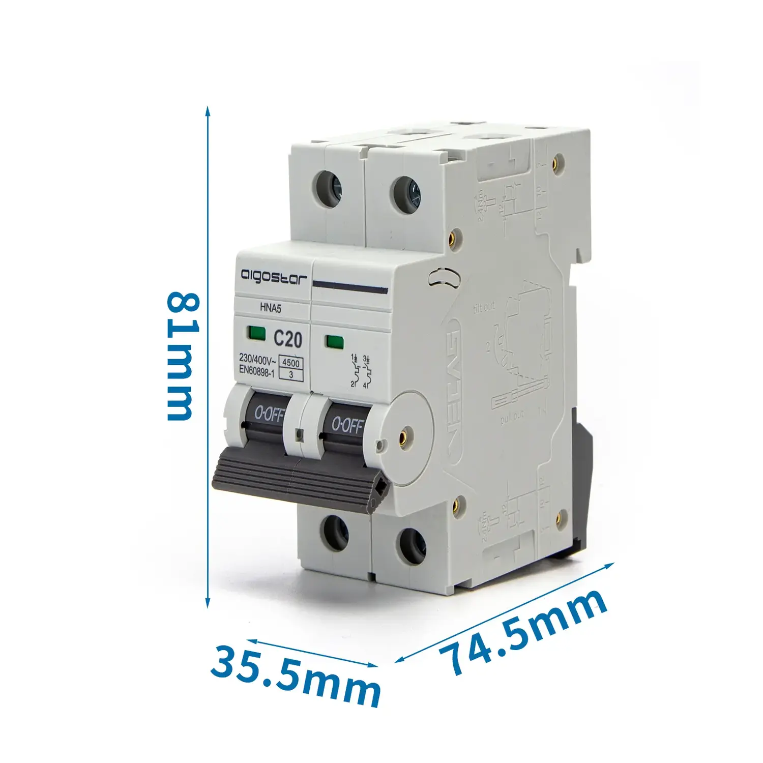 immagine interruttore magnetotermico 1P+N 230volt barra din 20a 2 moduli