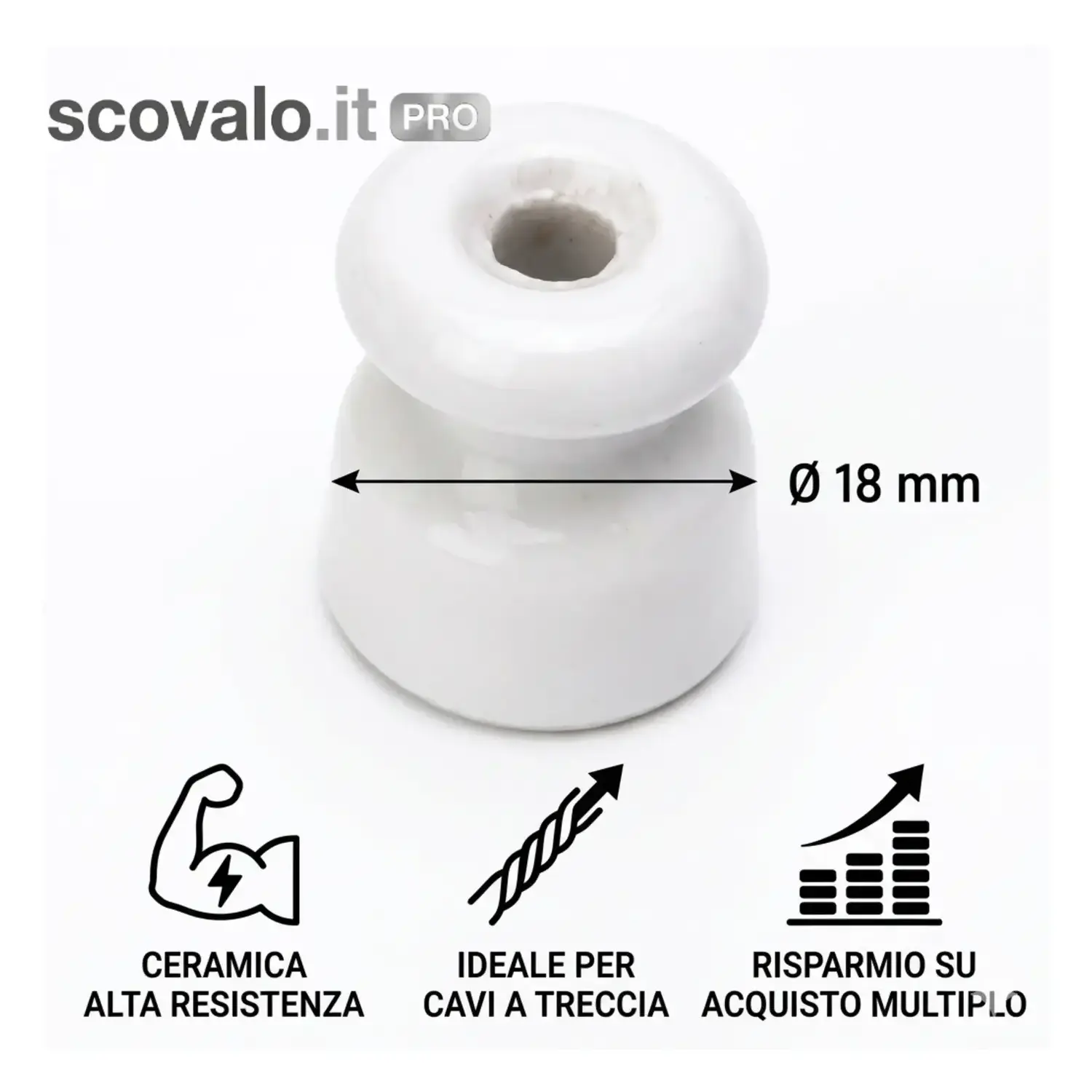 immagine del prodotto Isolatore Porcellana Ceramica per Cavo Trecciato Ø 18mm Impianto Vintage Retrò