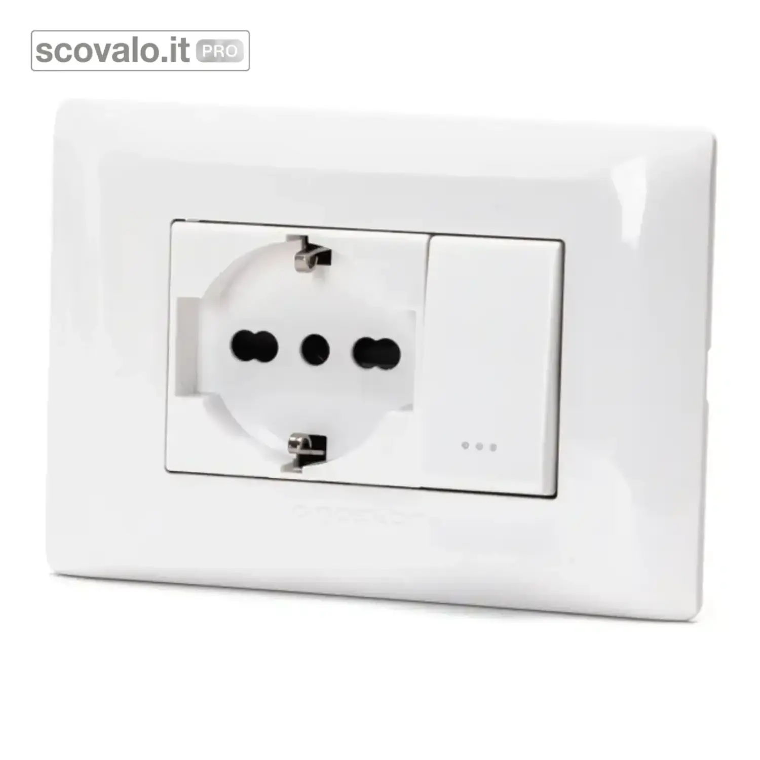 immagine del prodotto Placca 3 Posti Interruttore 2 Vie + 1 Presa Schuko ABM 16A 250V Bianco Incasso