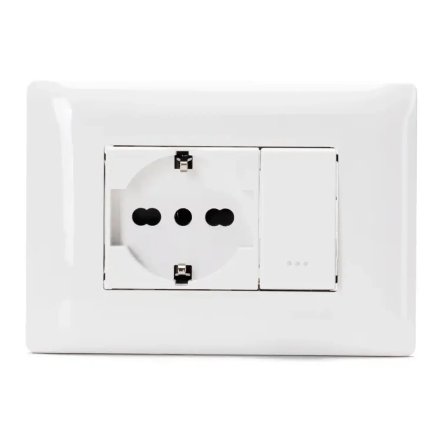 immagine Placca 3 Posti Interruttore 2 Vie + 1 Presa Schuko ABM 16A 250V Bianco Incasso