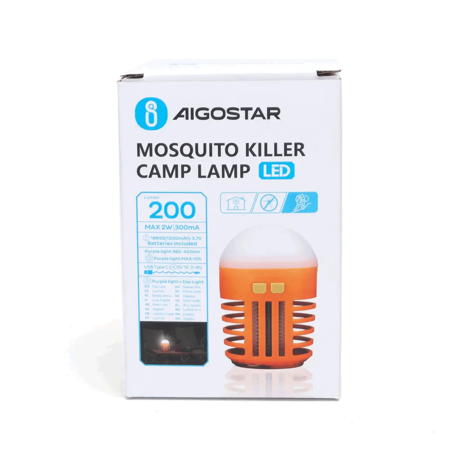 immagine Lampada da campeggio antizanzare 200 lm luce viola + luce bianca ricarica USB arancione