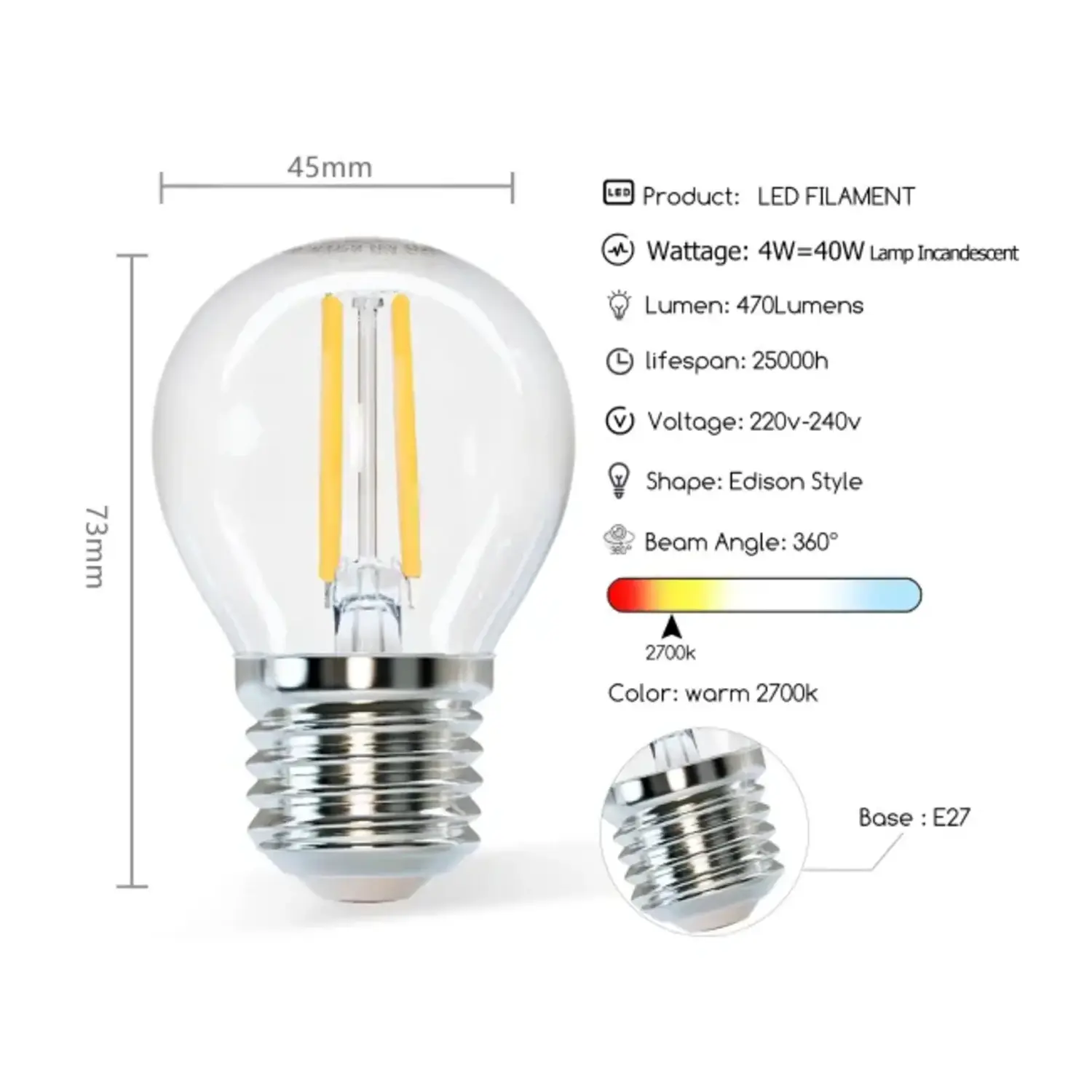 immagine Lampadina LED G45 E27 4W 2700K Bianco Caldo Trasparente Filamento 470lm