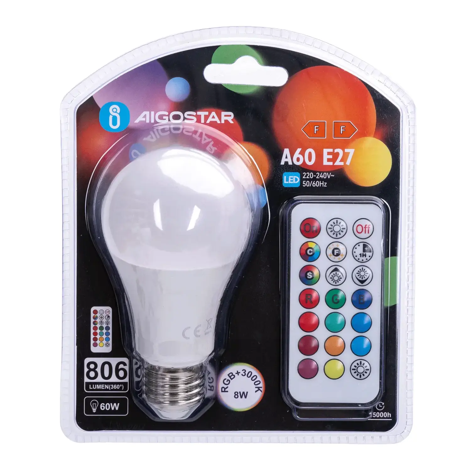 immagine Lampadina a globo LED A60-E27-RGB+3000K telecomando 8 watt