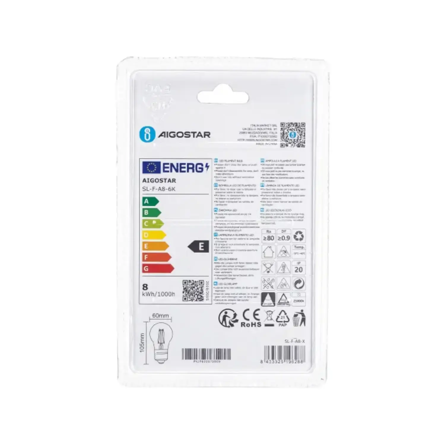 immagine lampadina filo led a60 e27 8 watt bianco freddo