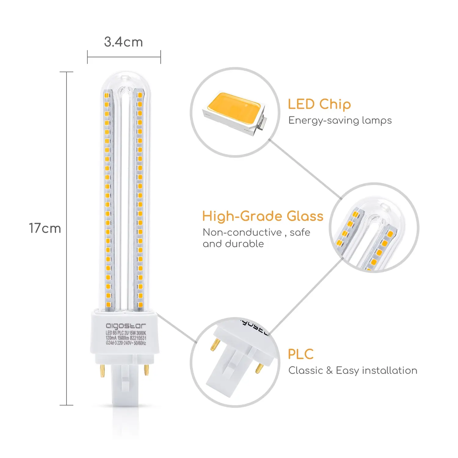 immagine Lampadina LED a forma di 2U PLC 15W 3000k G24d-3