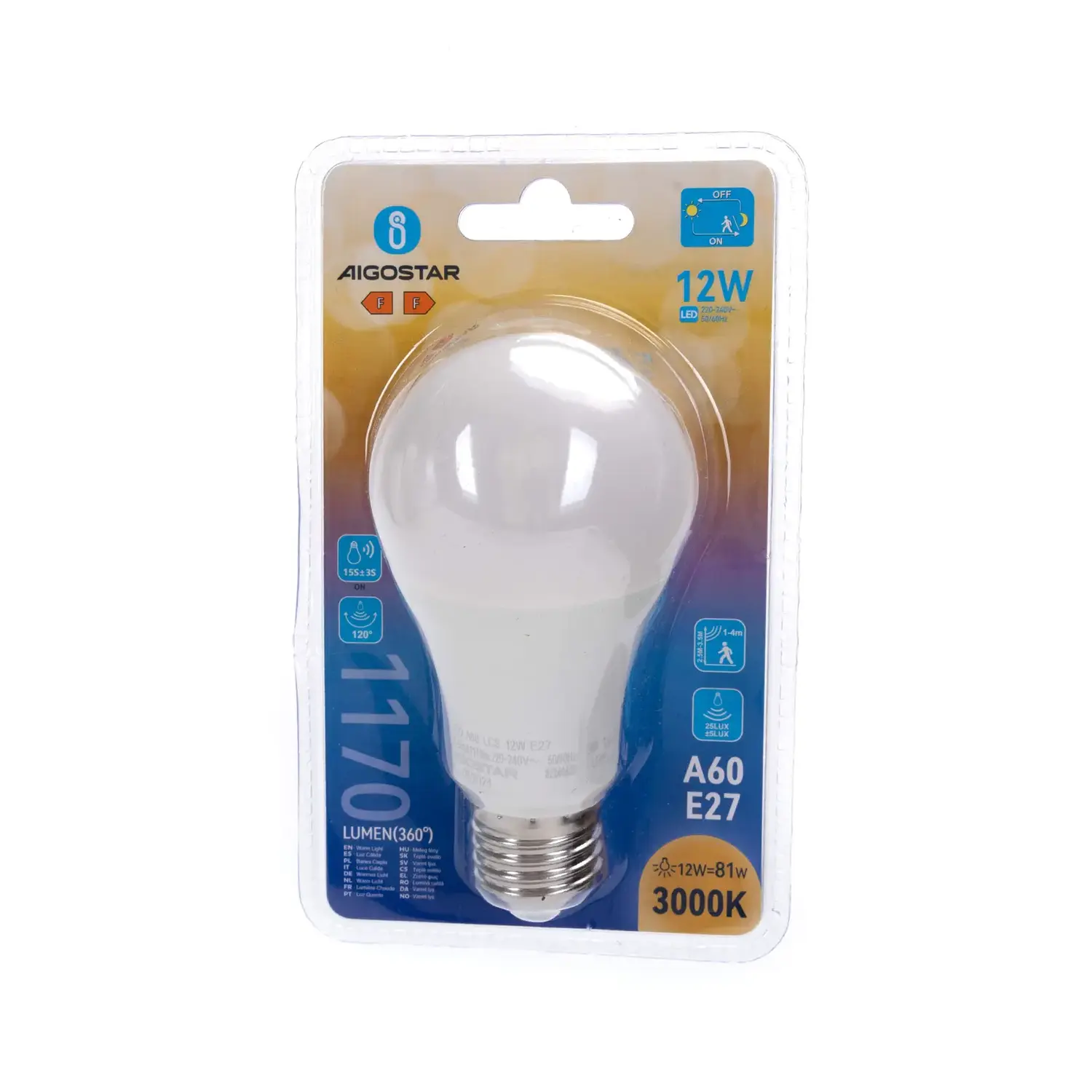 immagine lampadina led A60 con sensore crepuscolare e di movimento (PIR) e27 12 watt bianco caldo busta plastica