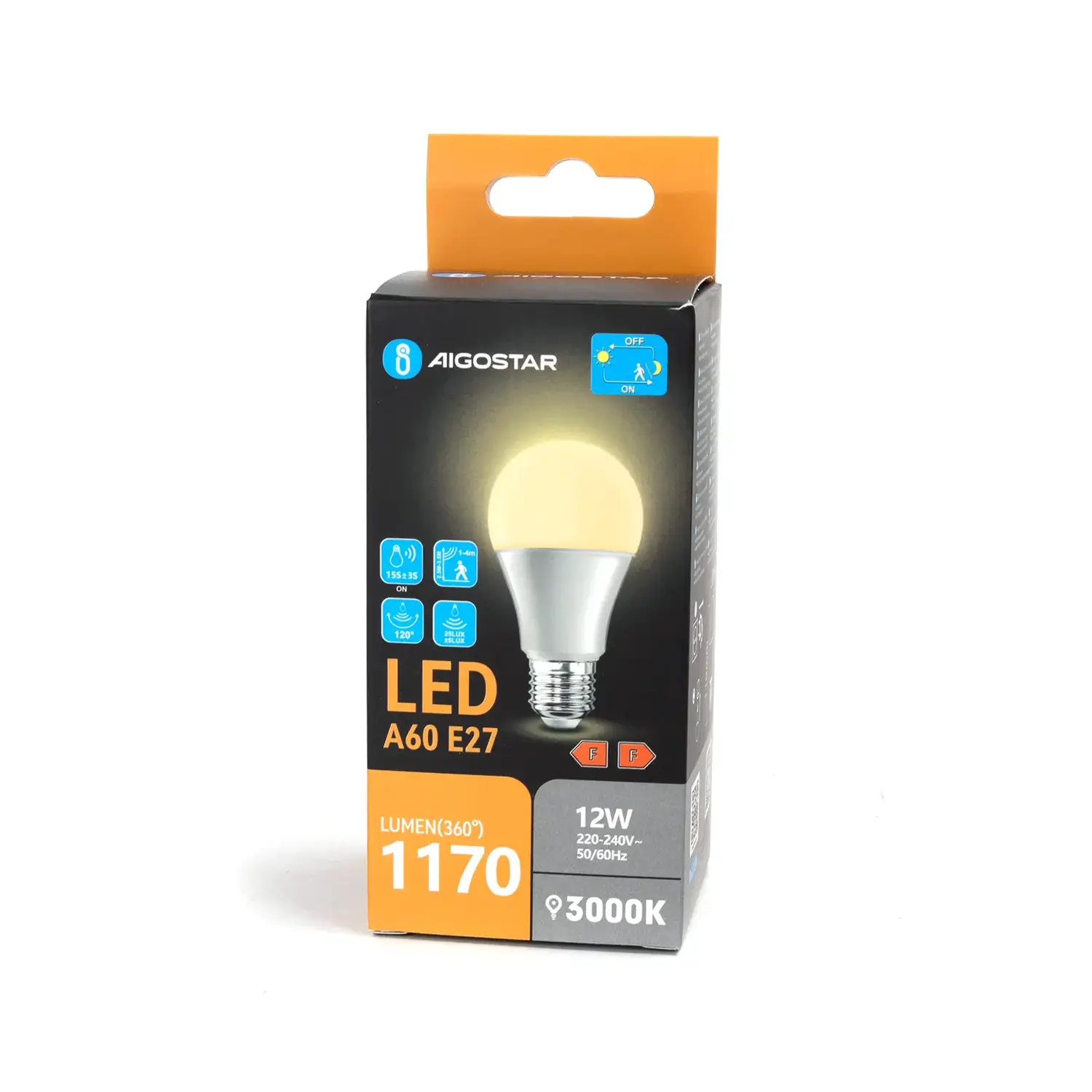 immagine lampadina led A60 con sensore crepuscolare e di movimento (PIR) e27 12 watt bianco caldo scatola cartone