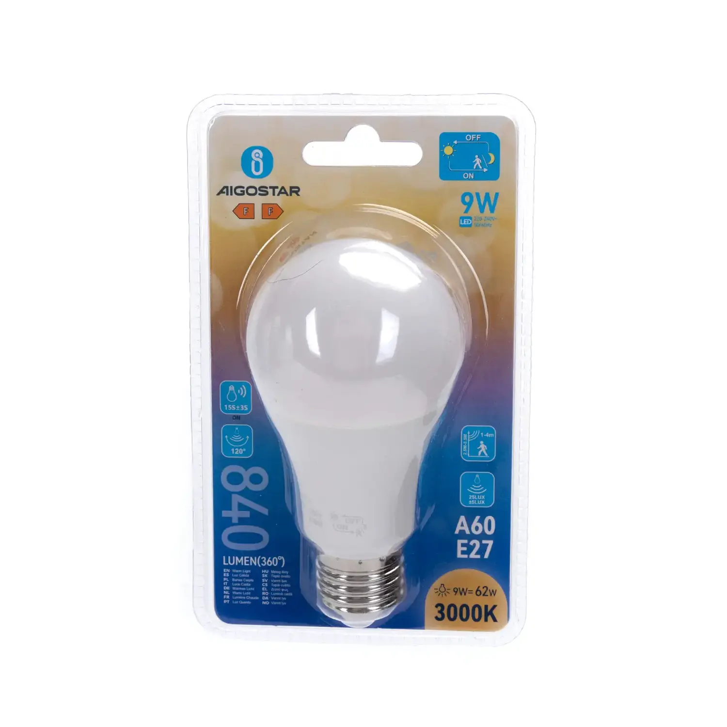 immagine lampadina led A60 con sensore crepuscolare e di movimento (PIR) e27 9 watt bianco caldo busta plastica