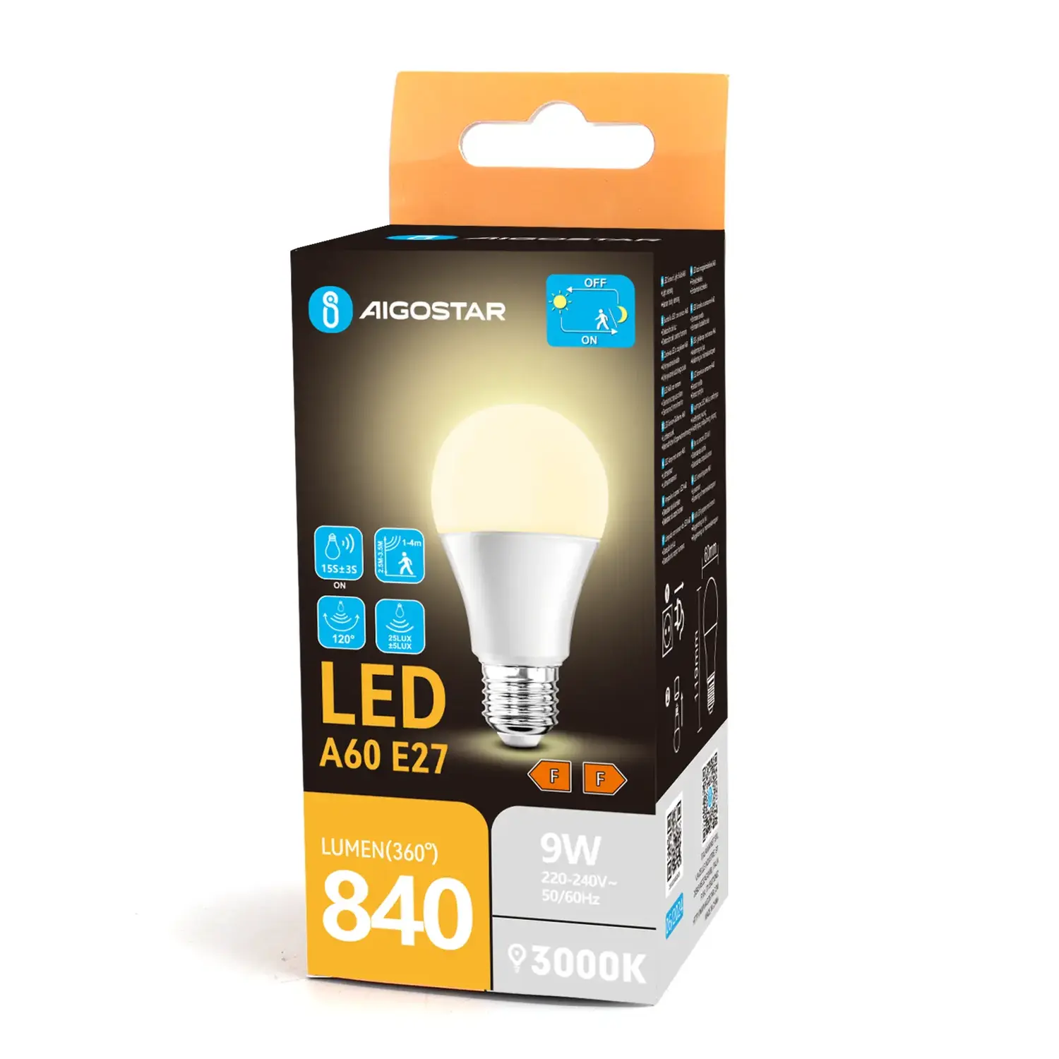 immagine lampadina led A60 con sensore crepuscolare e di movimento (PIR) e27 9 watt bianco caldo scatola cartone