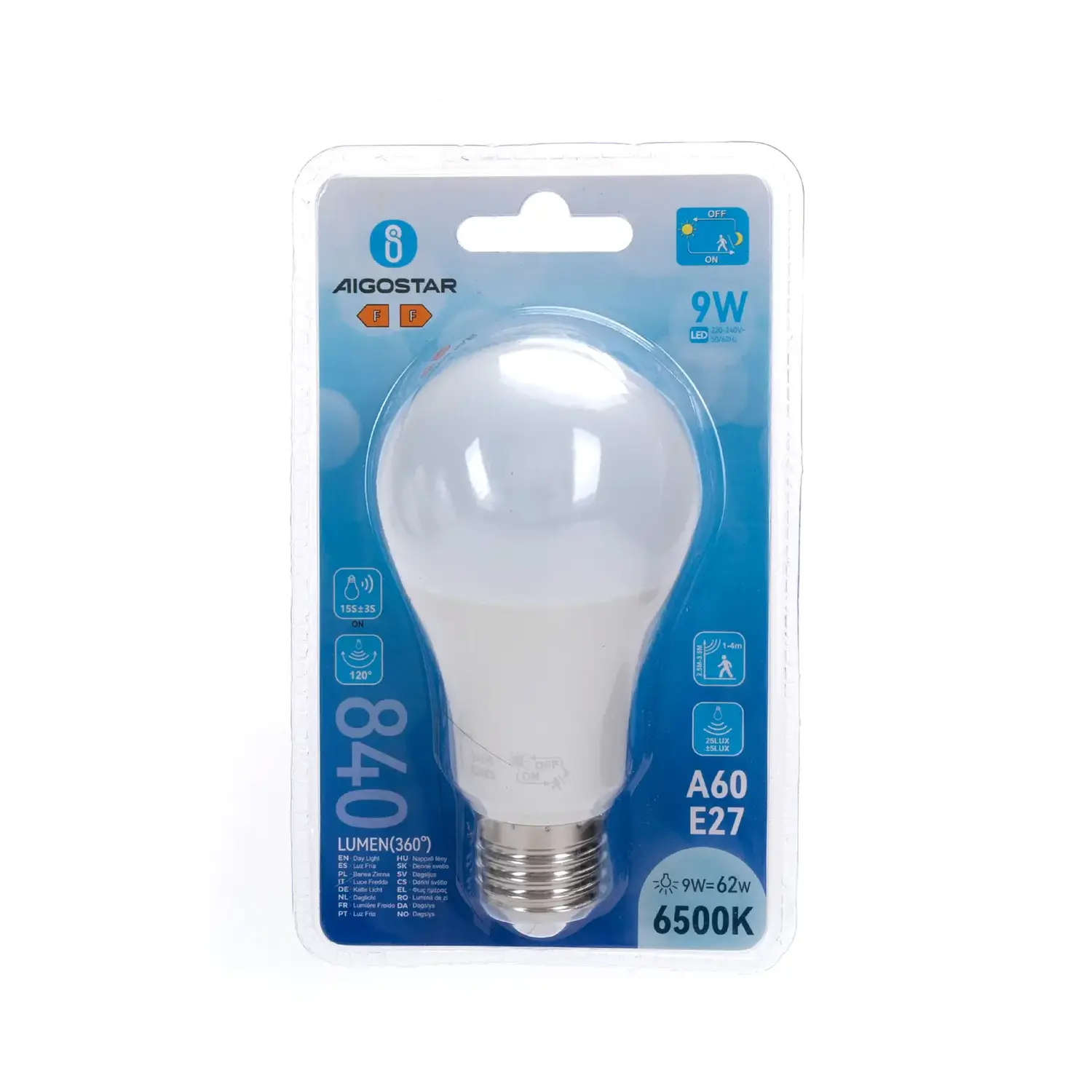 immagine lampadina led A60 con sensore crepuscolare e di movimento (PIR) e27 9 watt bianco freddo busta plastica