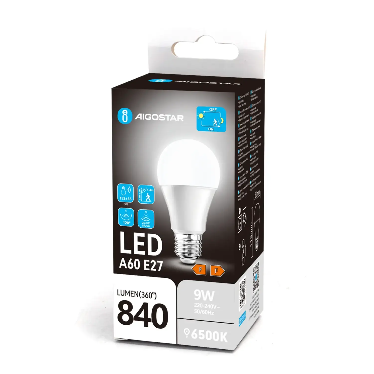 immagine lampadina led A60 con sensore crepuscolare e di movimento (PIR) e27 9 watt bianco freddo scatola cartone