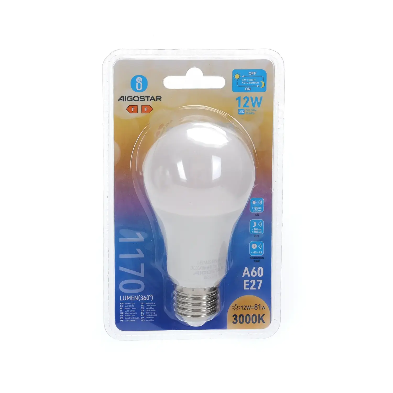 immagine lampadina led A60 con sensore crepuscolare e27 12 watt bianco caldo busta plastica