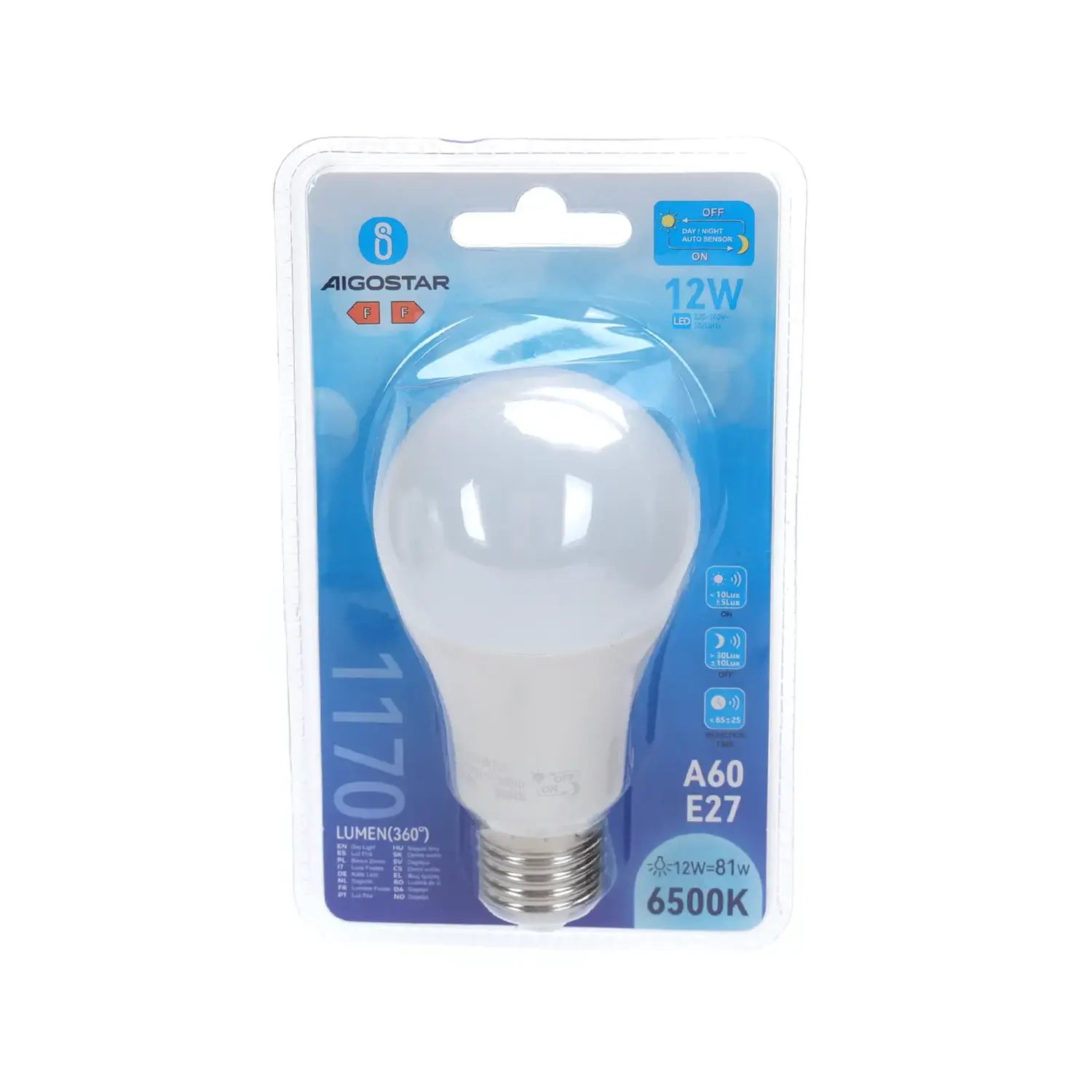 immagine lampadina led A60 con sensore crepuscolare e27 12 watt bianco freddo busta plastica