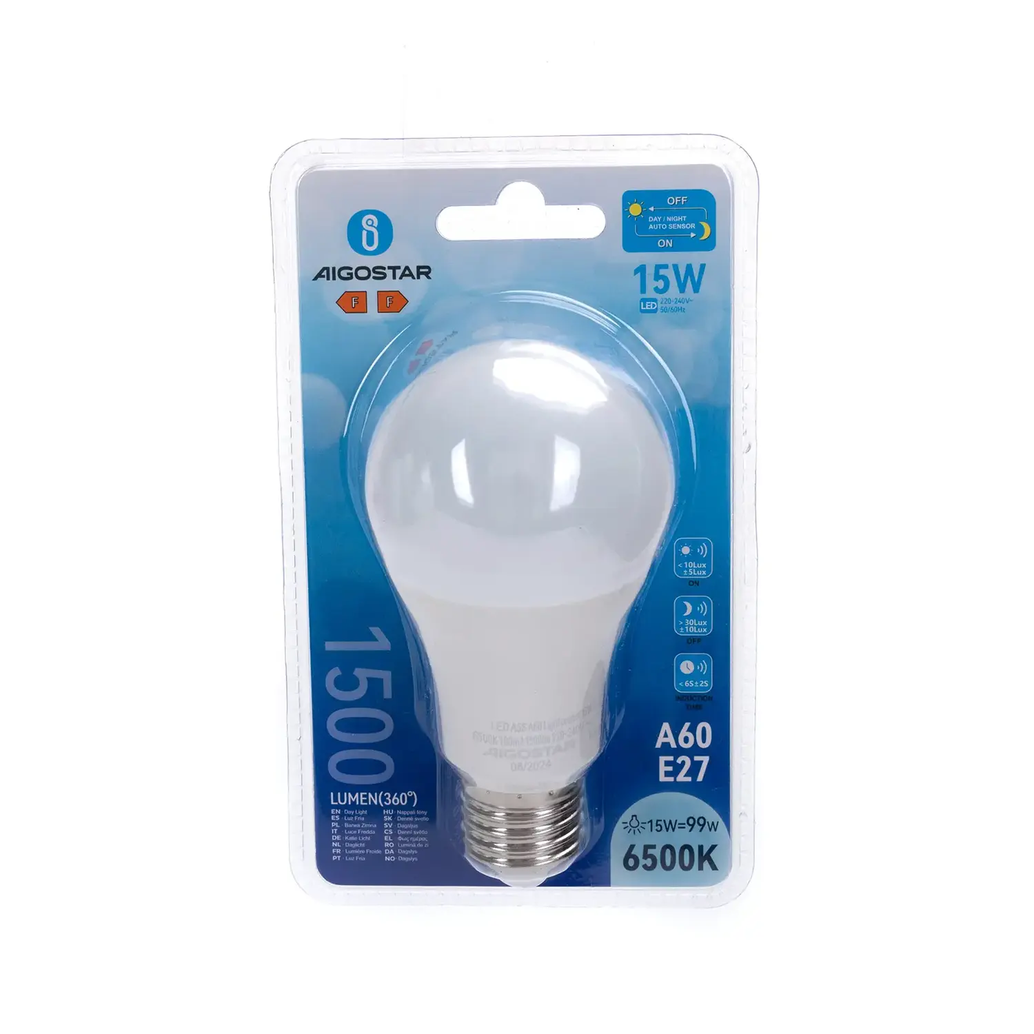 immagine lampadina led A60 con sensore crepuscolare e27 15 watt bianco freddo busta plastica