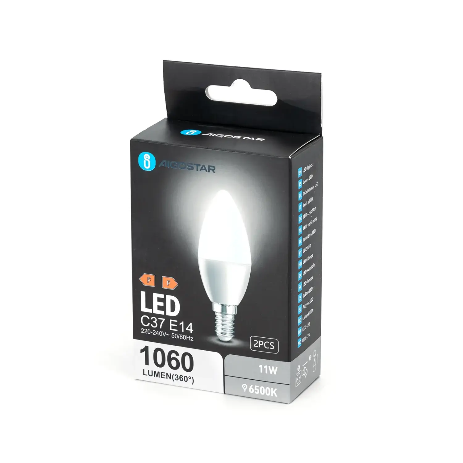 immagine lampadina led C37 e14 11 watt bianco freddo 2 pezzi scatola cartone