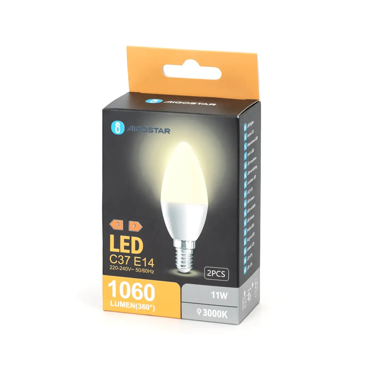 immagine lampadina led C37 e14 8 watt 11 watt bianco caldo 2 pezzi scatola cartone