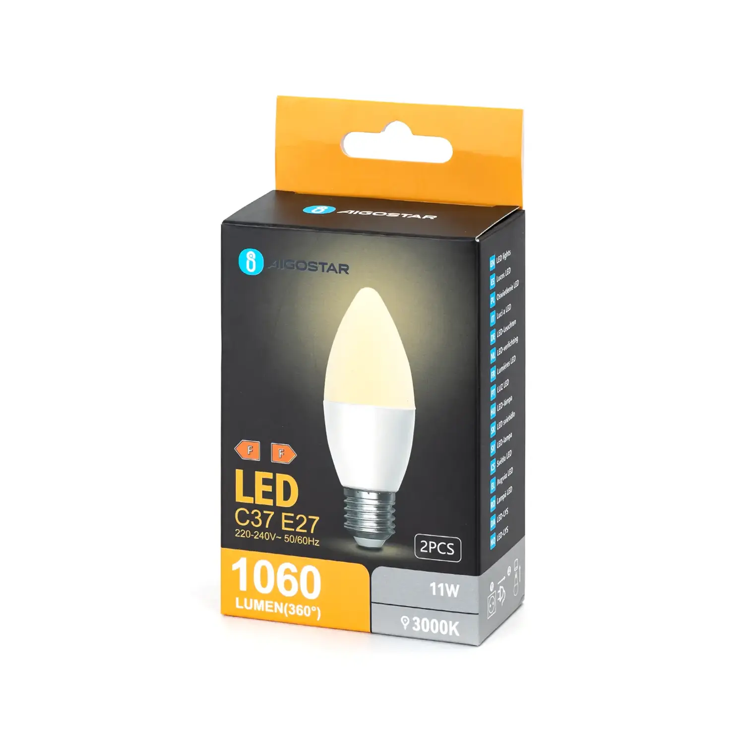 immagine lampadina led C37 e27 11 watt bianco caldo 2 pezzi scatola cartone