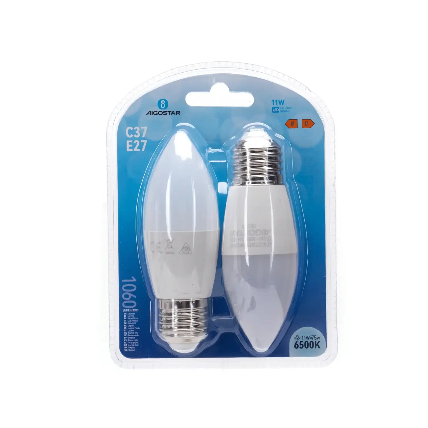 immagine lampadina led C37 e27 11 watt bianco freddo busta plastica 2 pezzi