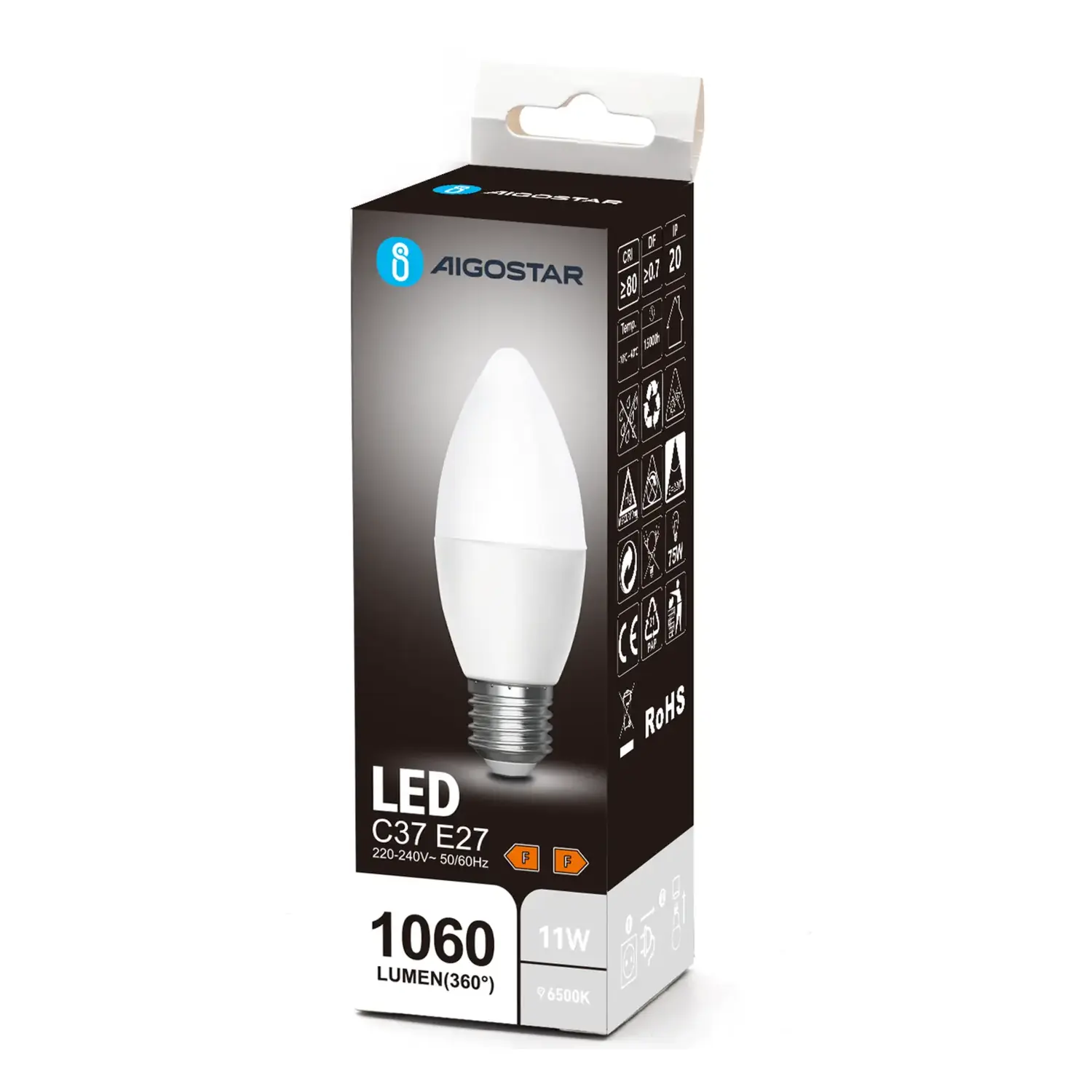 immagine lampadina led C37 e27 11 watt bianco freddo scatola cartone