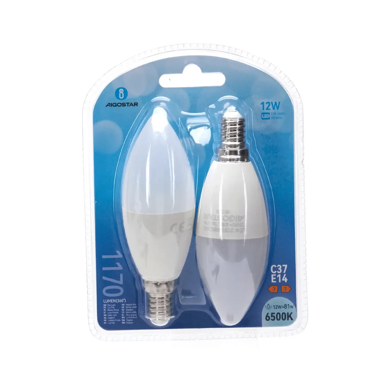 immagine lampadina led C37 e27 12 watt bianco freddo busta plastica 2 pezzi