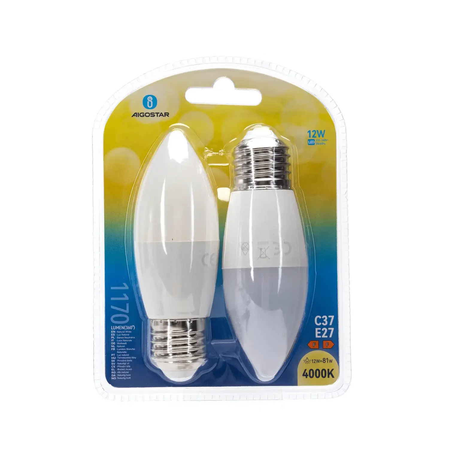 immagine lampadina led C37 e27 12 watt bianco naturale busta plastica 2 pezzi