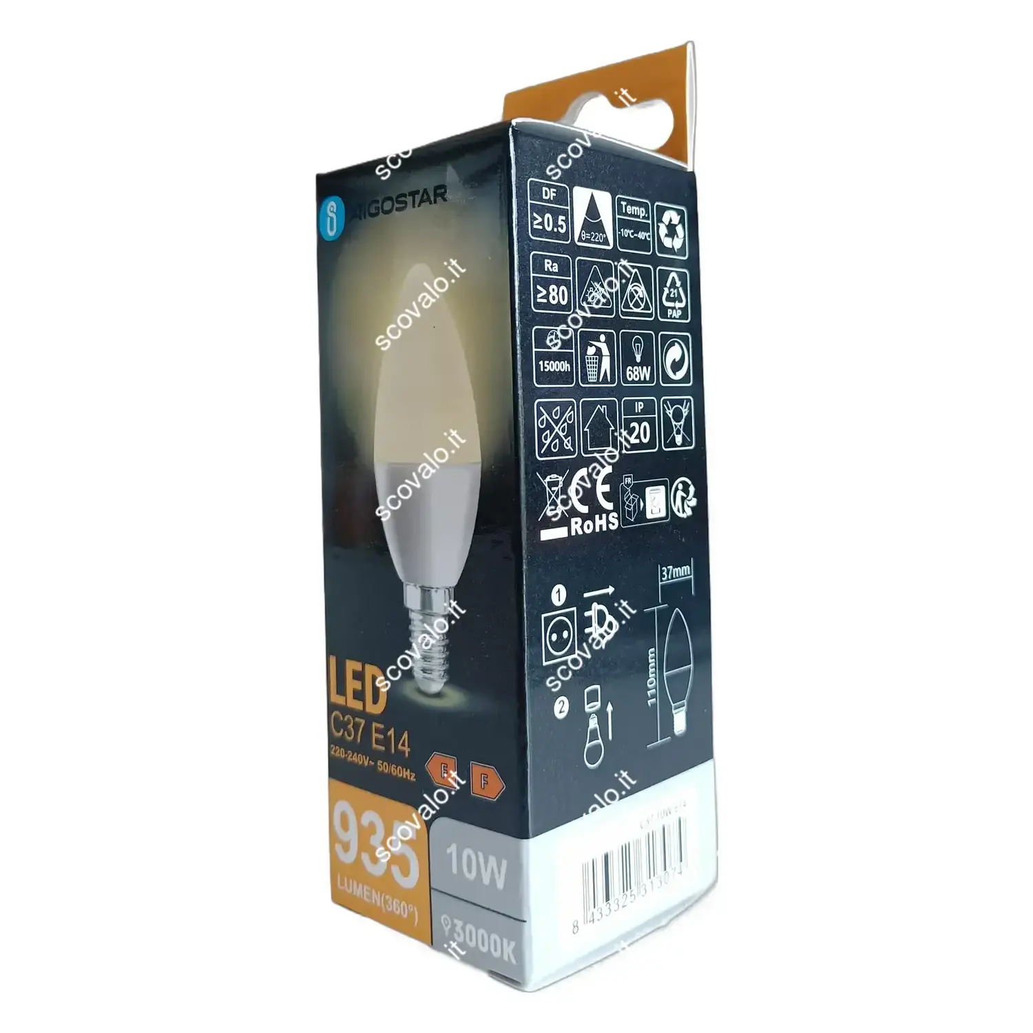 immagine lampadina led candela C37 e14 10 watt bianco caldo